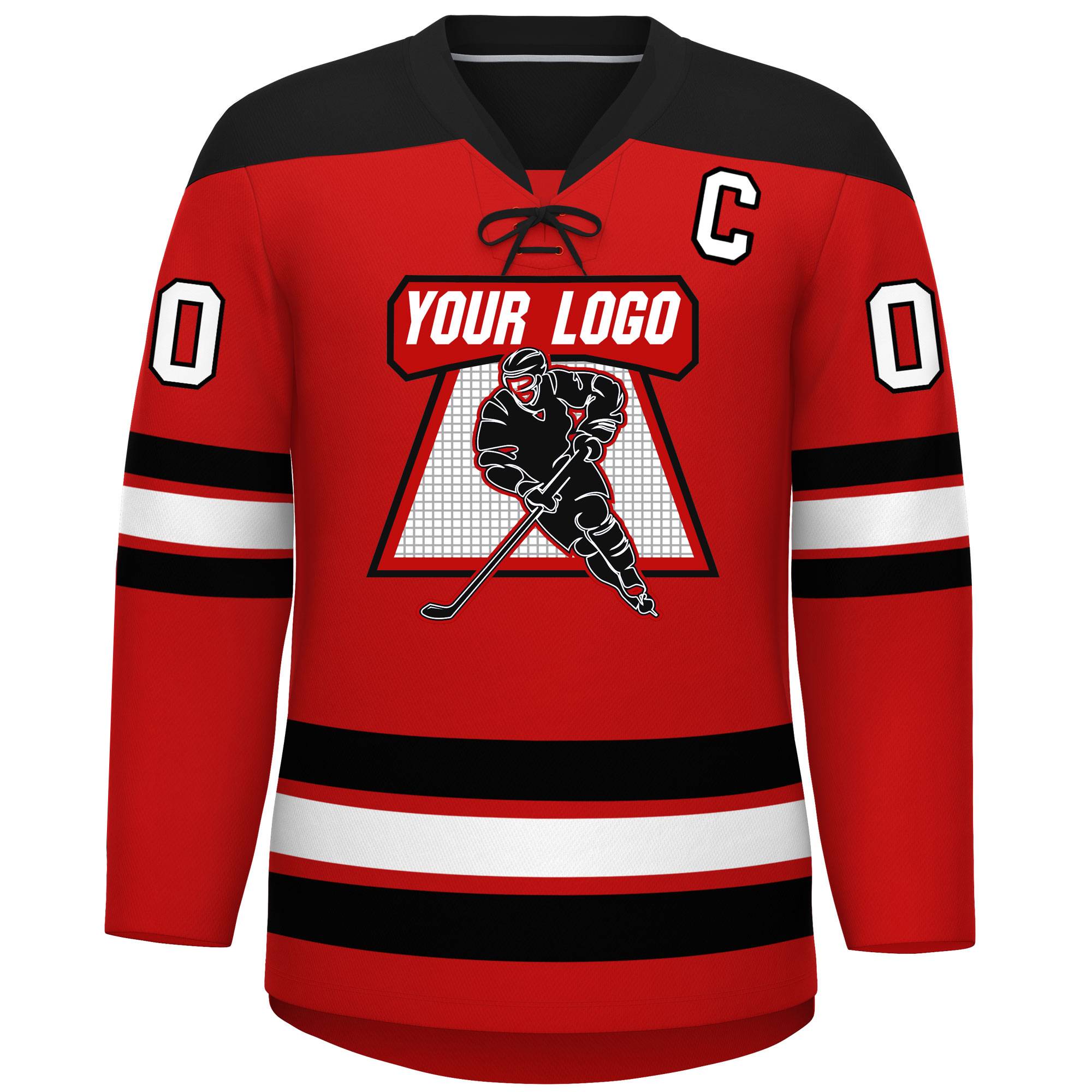 Custom Red Black White Personalized Classic Lace-Up Neck Hockey Jersey | KXKSHOP