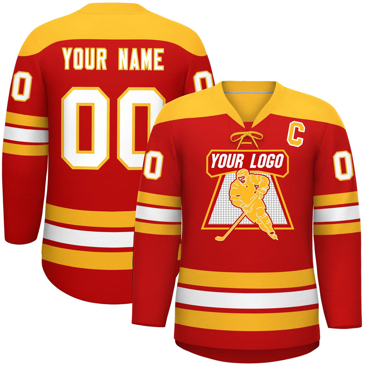 Custom Red Gold White Personalized Classic Lace-Up Neck Hockey Jersey | KXKSHOP