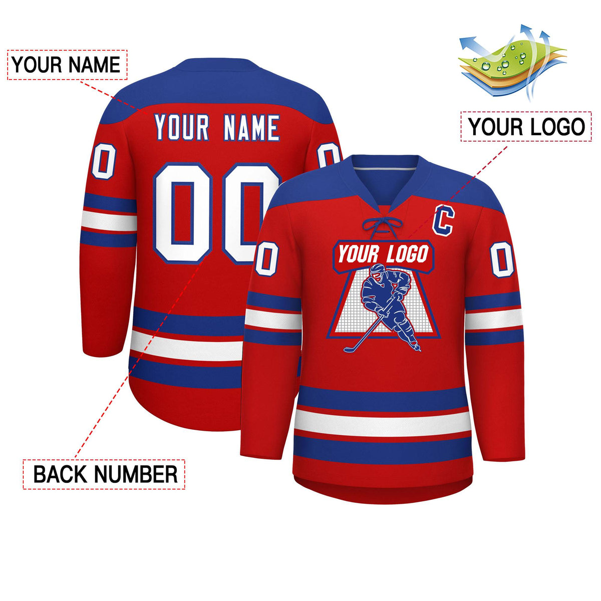 Custom Red Royal White Personalized Classic Lace-Up Neck Hockey Jersey | KXKSHOP