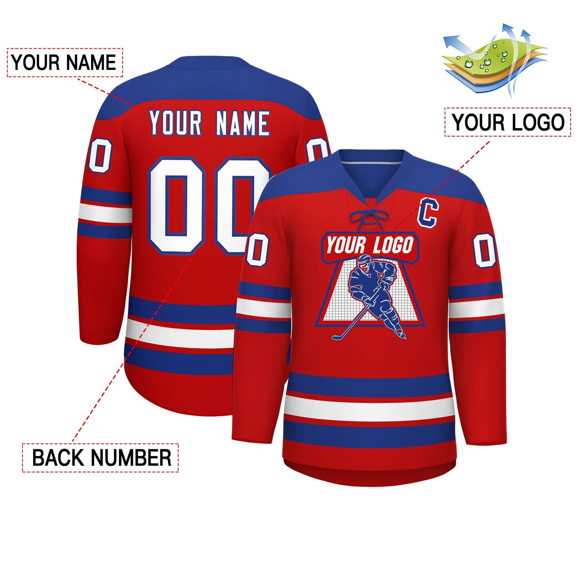 Custom Red Royal White Personalized Classic Lace-Up Neck Hockey Jersey | KXKSHOP