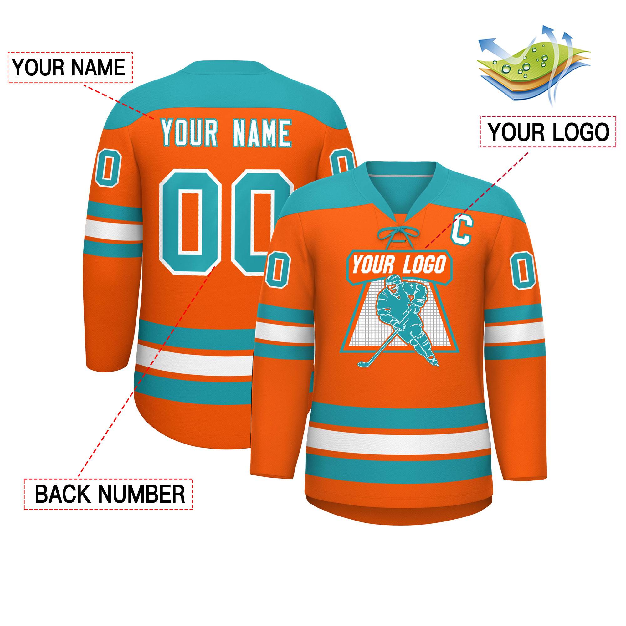Custom Orange Aqua White Personalized Classic Lace-Up Neck Hockey Jersey | KXKSHOP