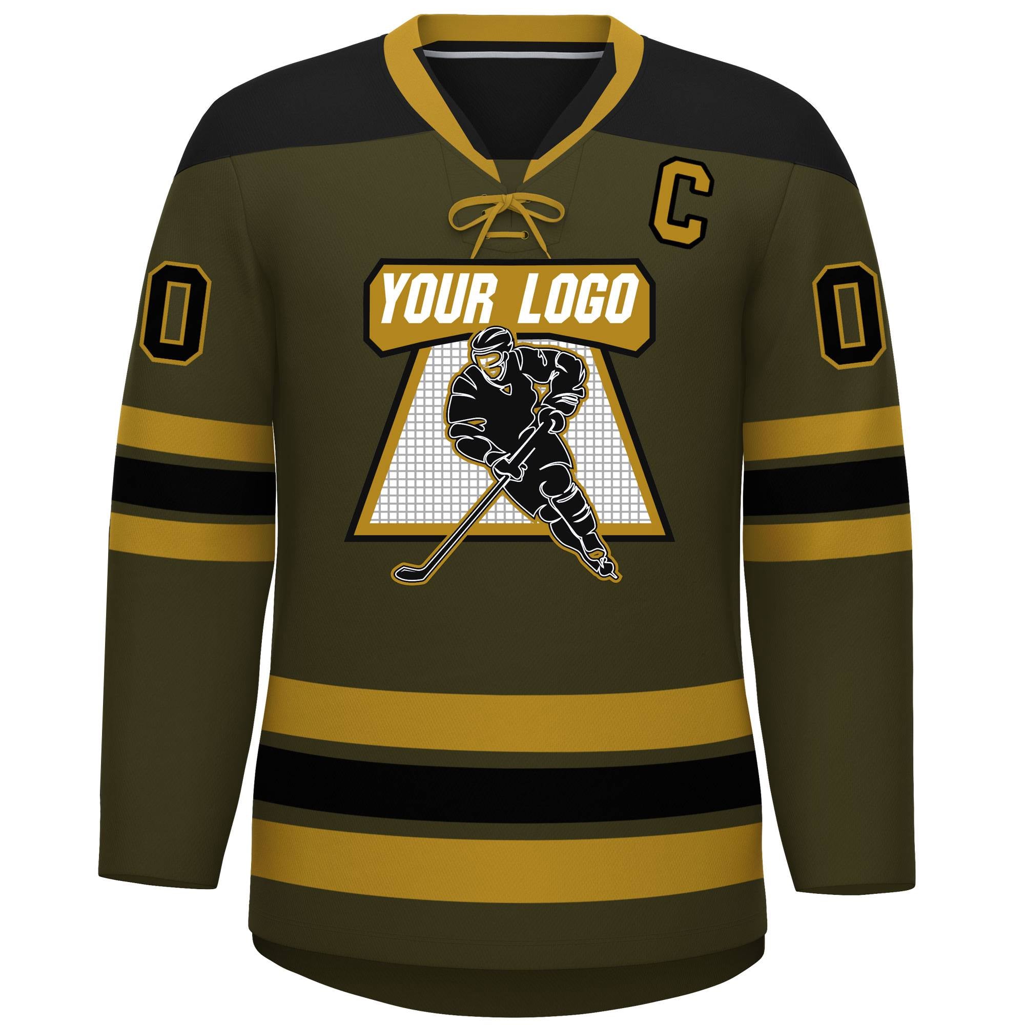 Custom Olive Old Gold Black Personalized Classic Lace-Up Neck Hockey Jersey | KXKSHOP