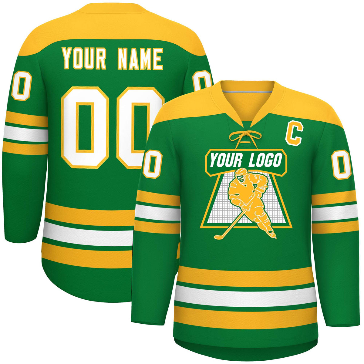 Custom Kelly Green Gold White Personalized Classic Lace-Up Neck Hockey Jersey | KXKSHOP