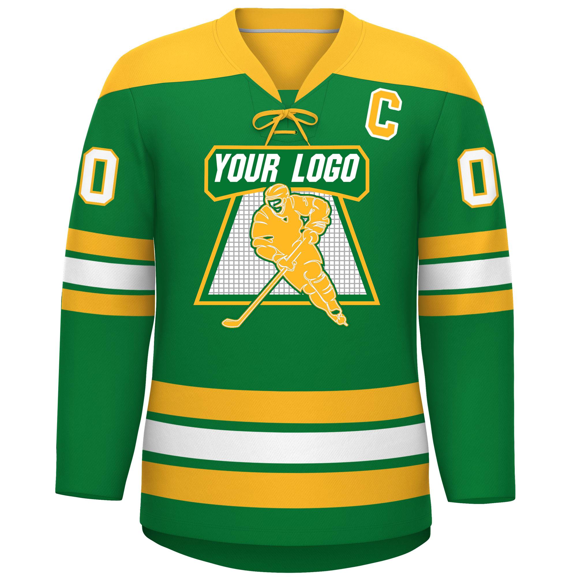 Custom Kelly Green Gold White Personalized Classic Lace-Up Neck Hockey Jersey | KXKSHOP