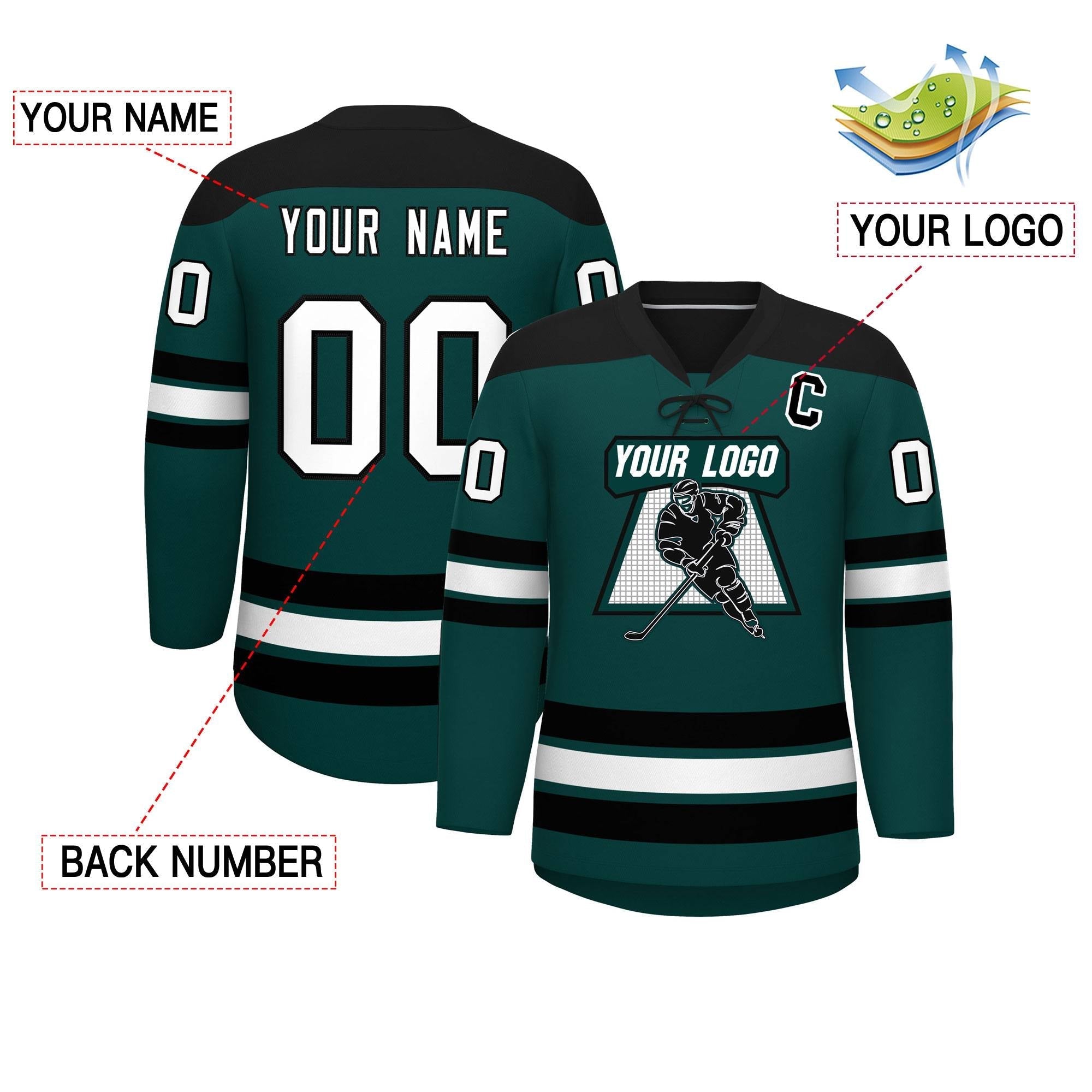 Custom Midnight Green Black White Personalized Classic Lace-Up Neck Hockey Jersey | KXKSHOP