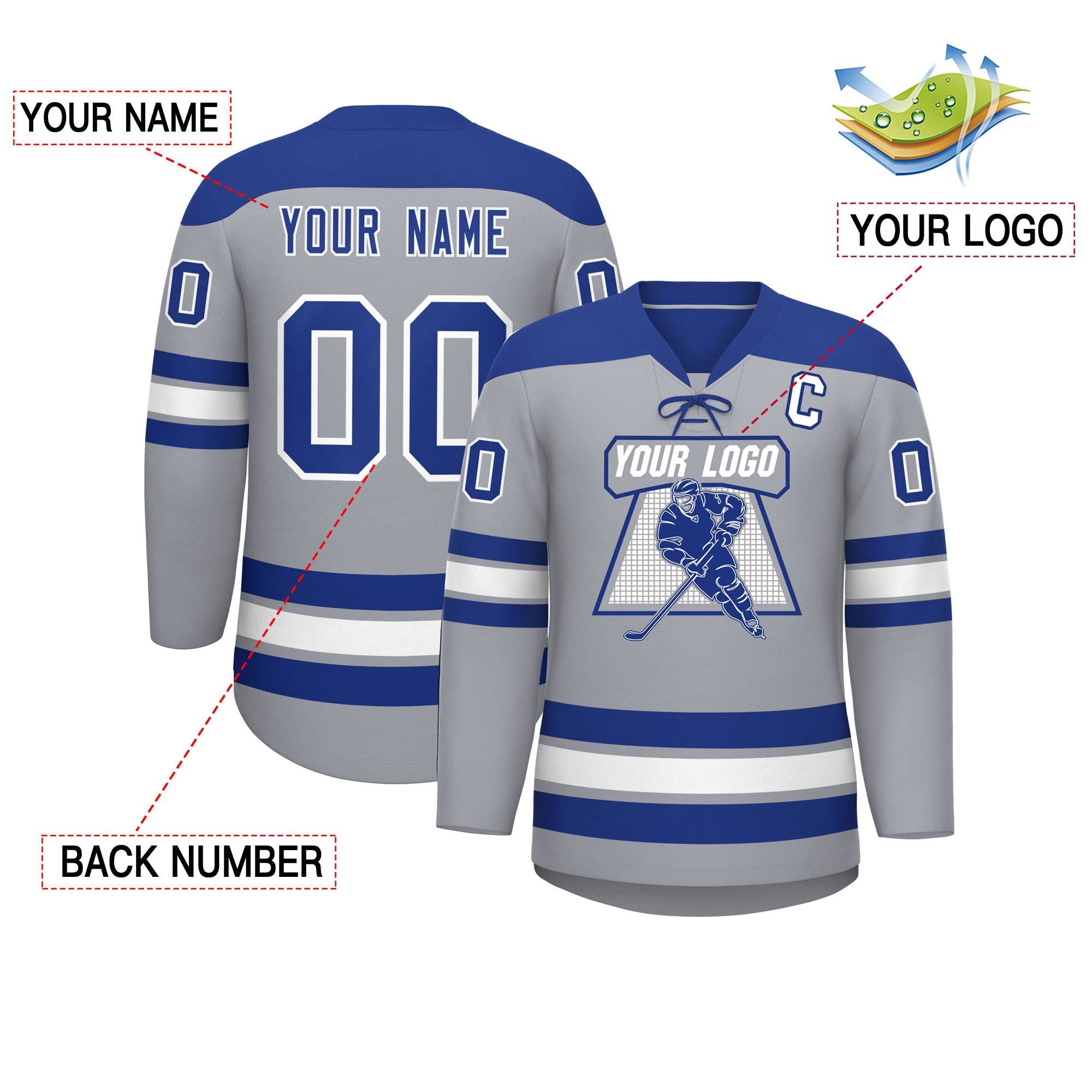 Custom Gray Royal White Personalized Classic Lace-Up Neck Hockey Jersey | KXKSHOP