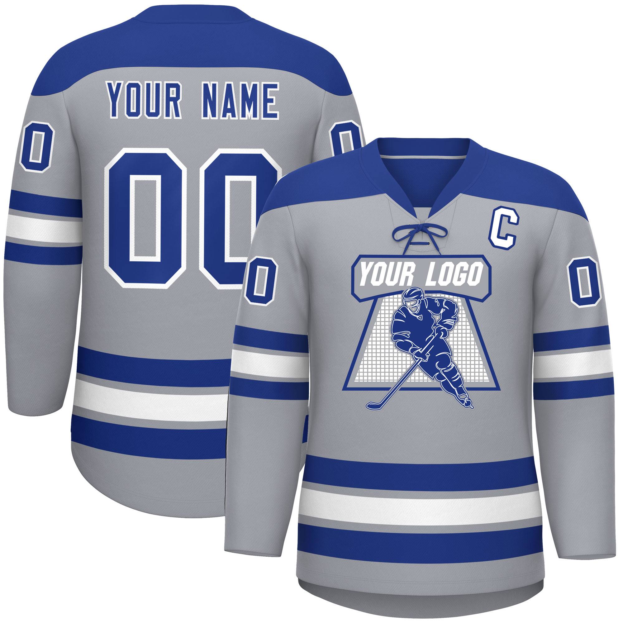Custom Gray Royal White Personalized Classic Lace-Up Neck Hockey Jersey | KXKSHOP