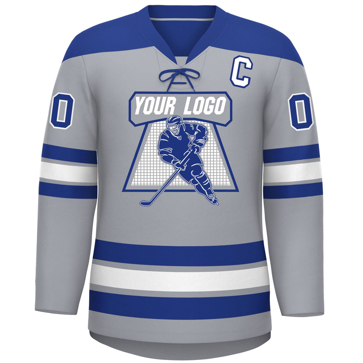 Custom Gray Royal White Personalized Classic Lace-Up Neck Hockey Jersey | KXKSHOP