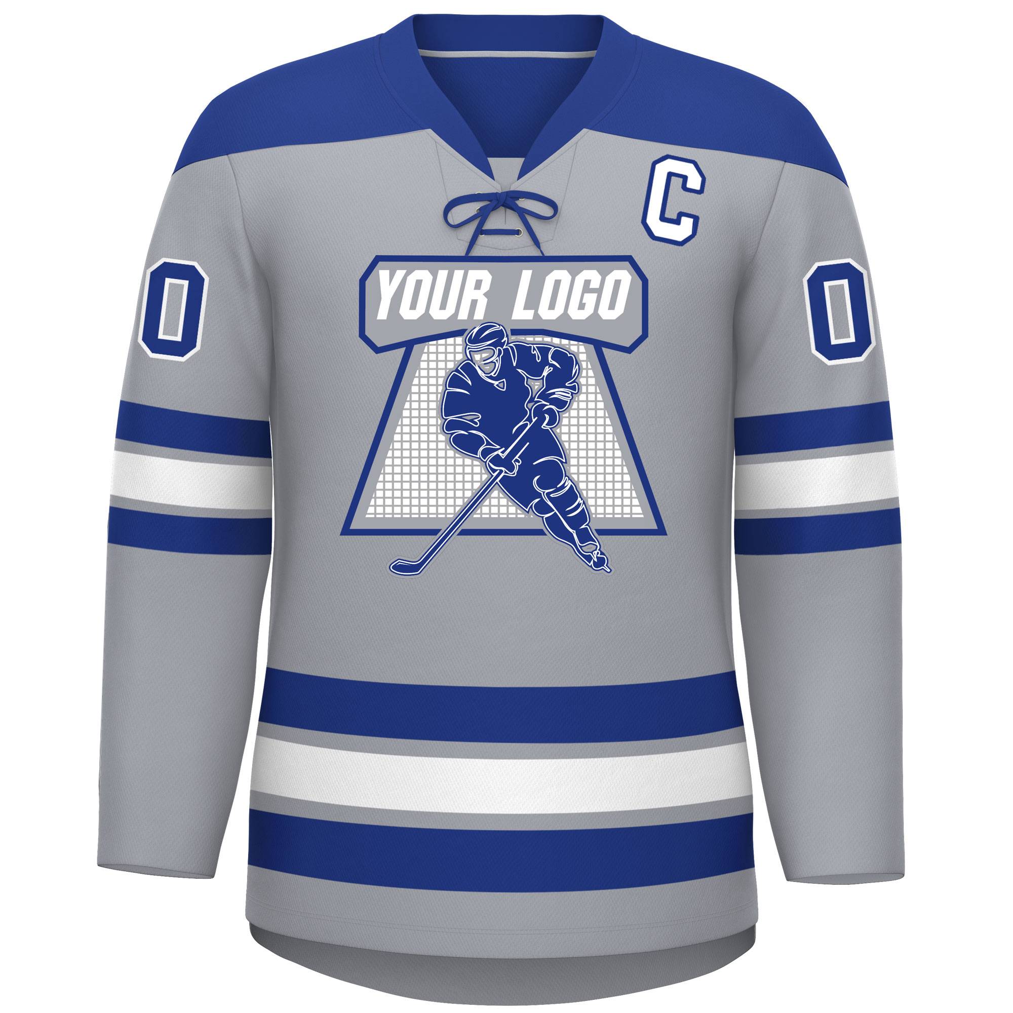 Custom Gray Royal White Personalized Classic Lace-Up Neck Hockey Jersey | KXKSHOP