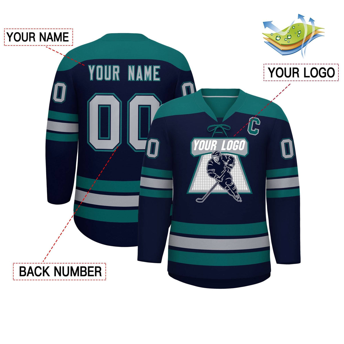 Custom Navy Aqua Gray Personalized Classic Lace-Up Neck Hockey Jersey | KXKSHOP