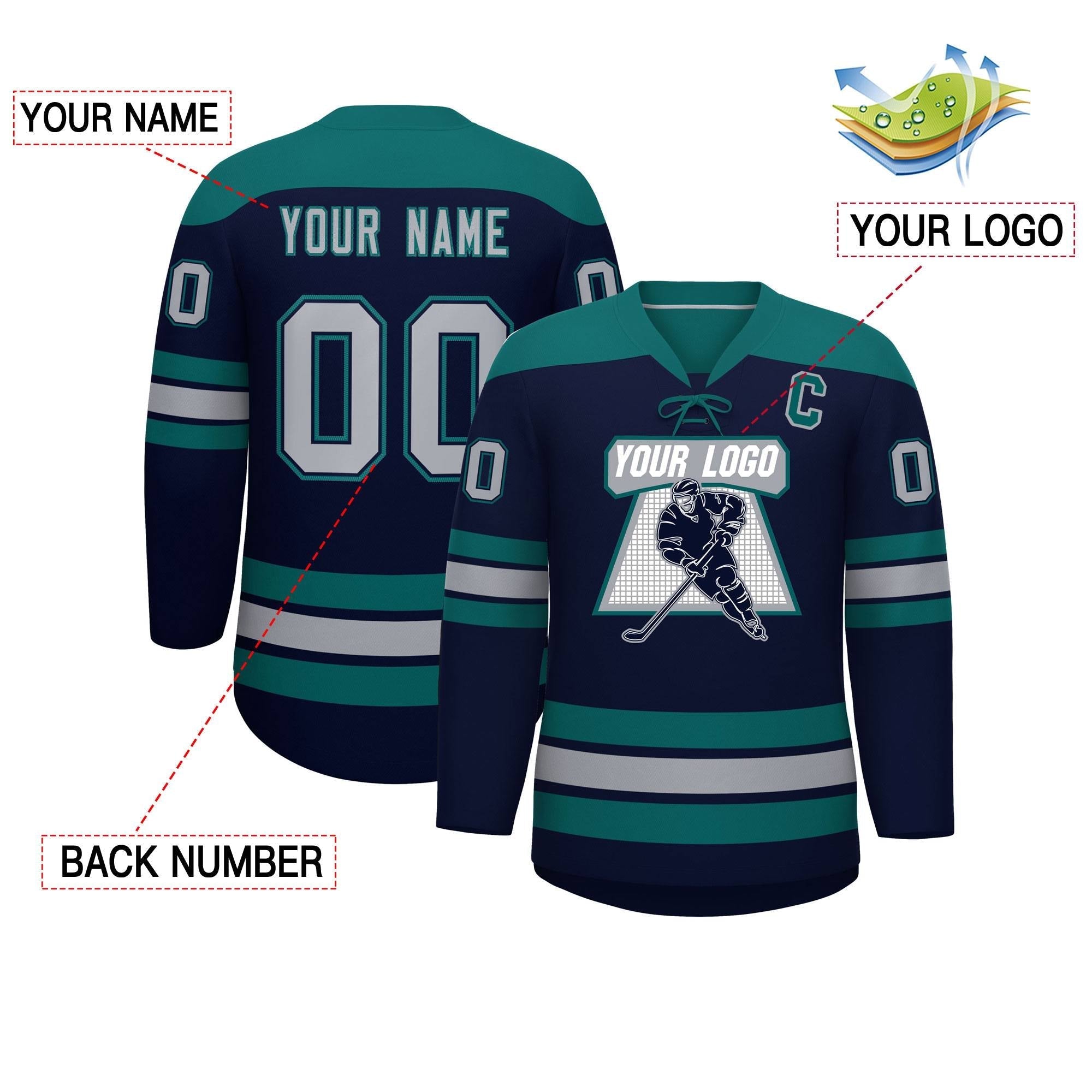 Custom Navy Aqua Gray Personalized Classic Lace-Up Neck Hockey Jersey | KXKSHOP