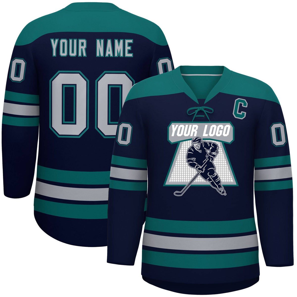 Custom Navy Aqua Gray Personalized Classic Lace-Up Neck Hockey Jersey | KXKSHOP