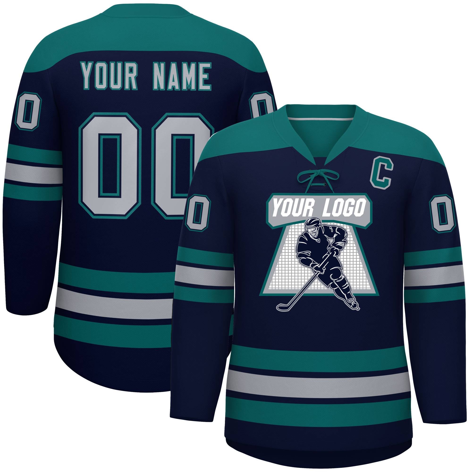 Custom Navy Aqua Gray Personalized Classic Lace-Up Neck Hockey Jersey | KXKSHOP