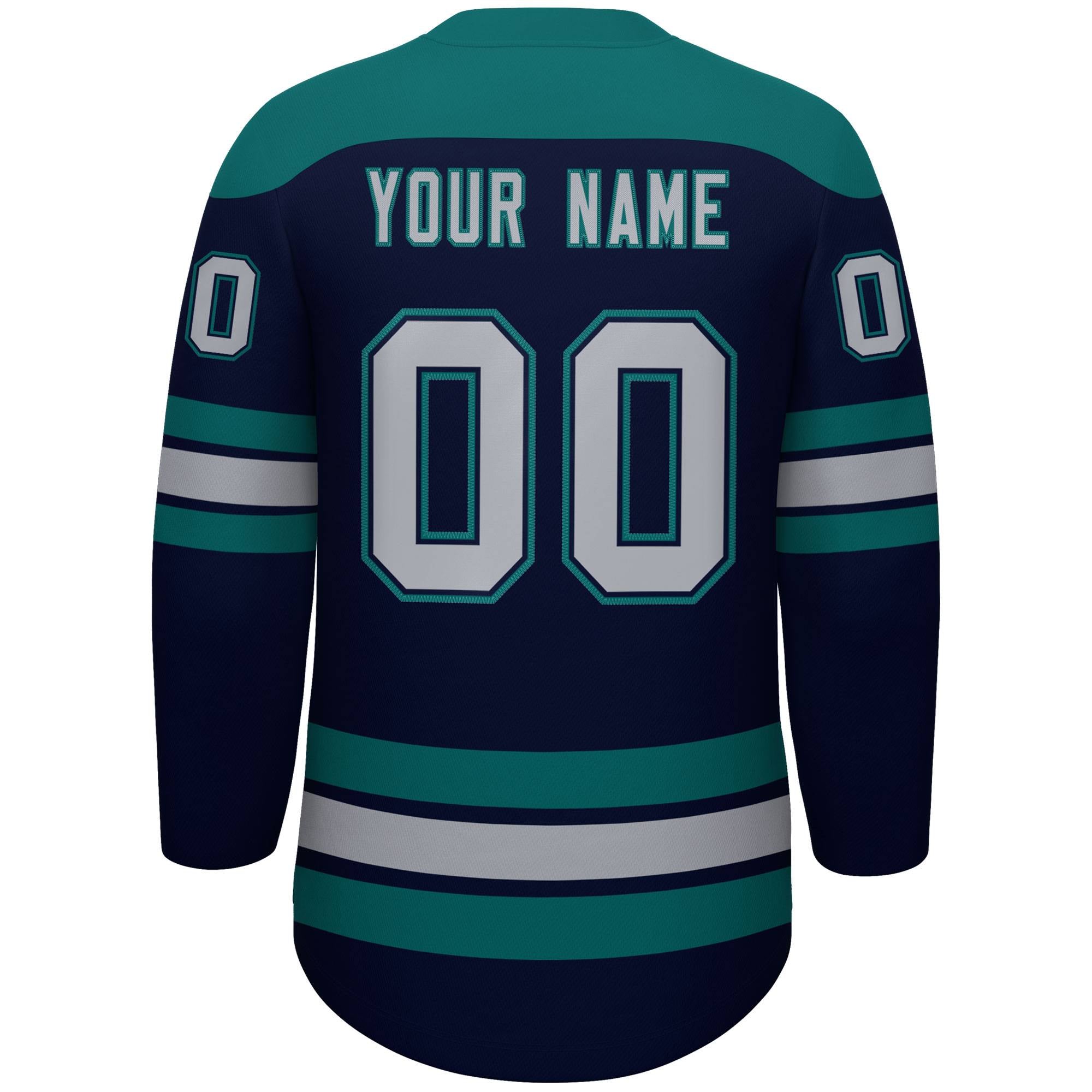 Custom Navy Aqua Gray Personalized Classic Lace-Up Neck Hockey Jersey | KXKSHOP