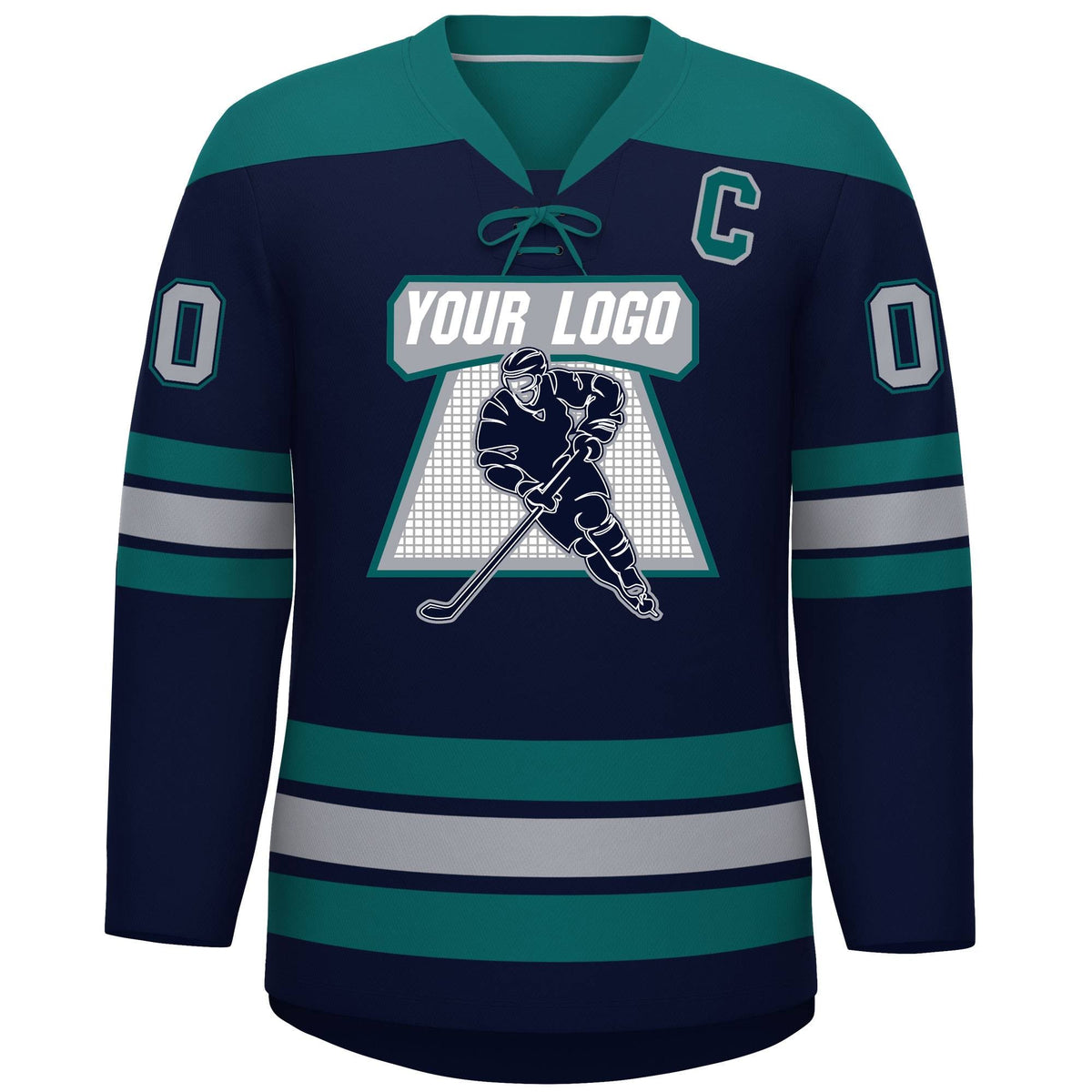 Custom Navy Aqua Gray Personalized Classic Lace-Up Neck Hockey Jersey | KXKSHOP