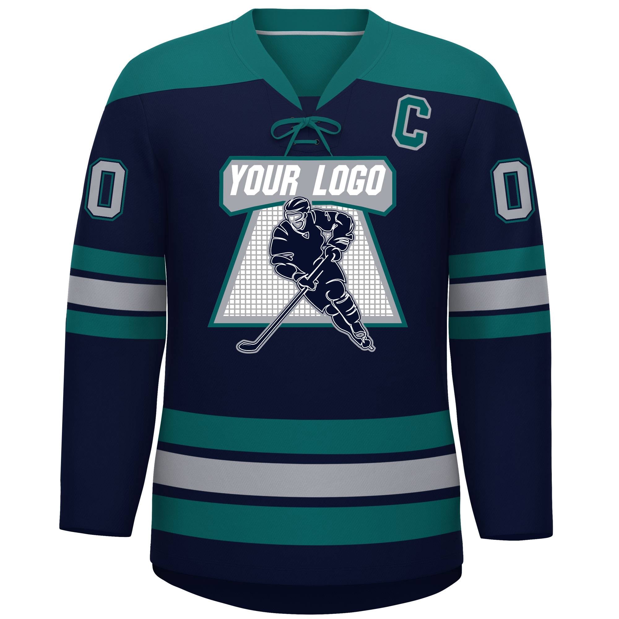 Custom Navy Aqua Gray Personalized Classic Lace-Up Neck Hockey Jersey | KXKSHOP