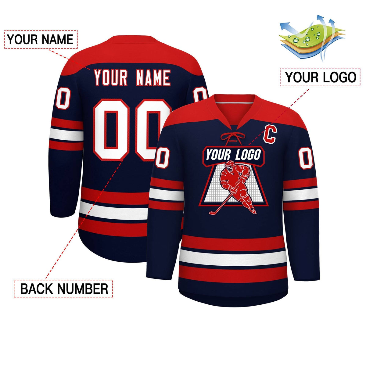 Custom Navy Red White Personalized Classic Lace-Up Neck Hockey Jersey | KXKSHOP