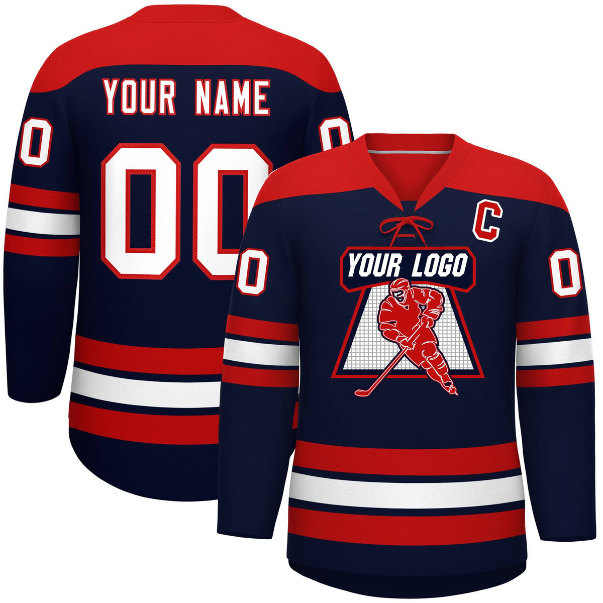 Custom Navy Red White Personalized Classic Lace-Up Neck Hockey Jersey | KXKSHOP