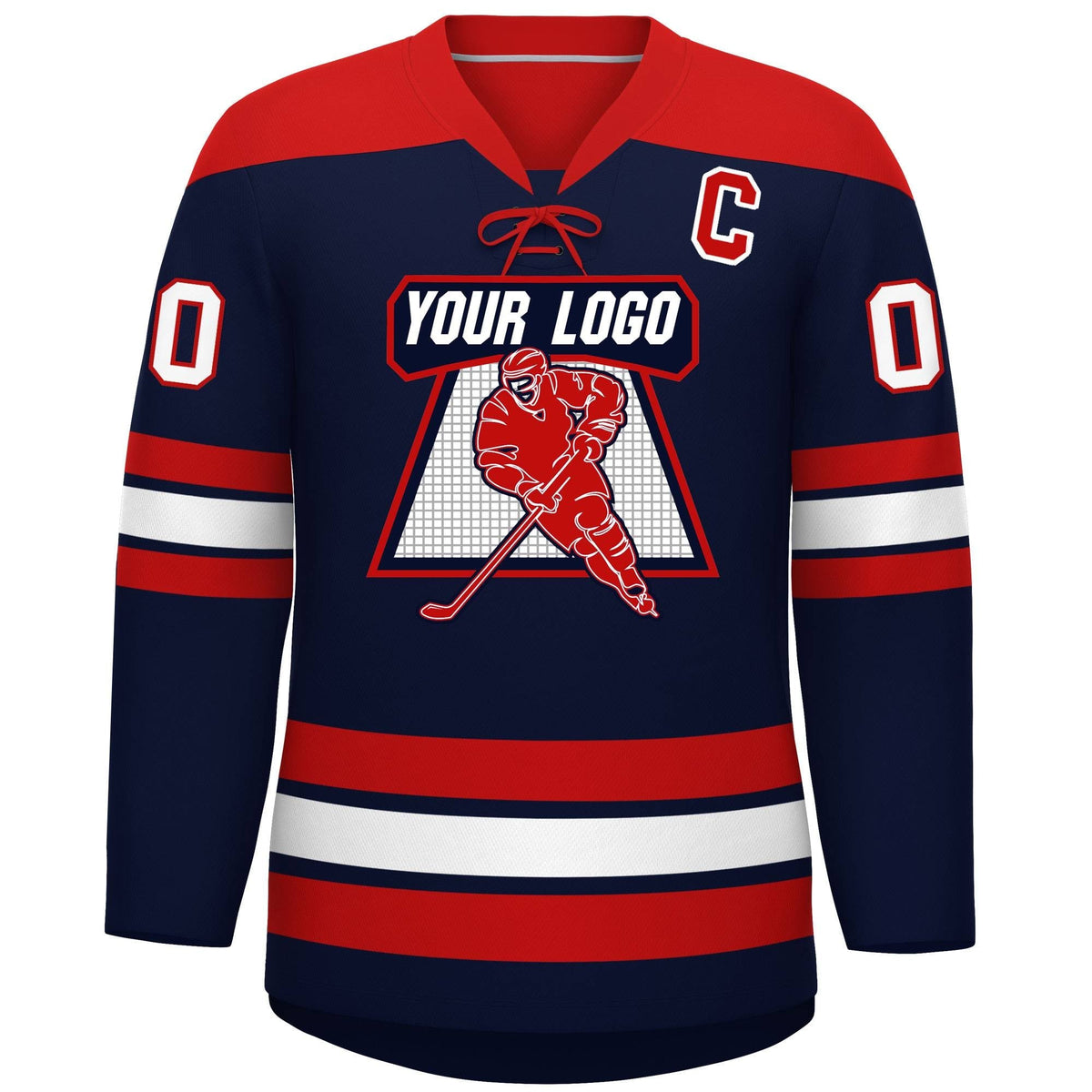 Custom Navy Red White Personalized Classic Lace-Up Neck Hockey Jersey | KXKSHOP