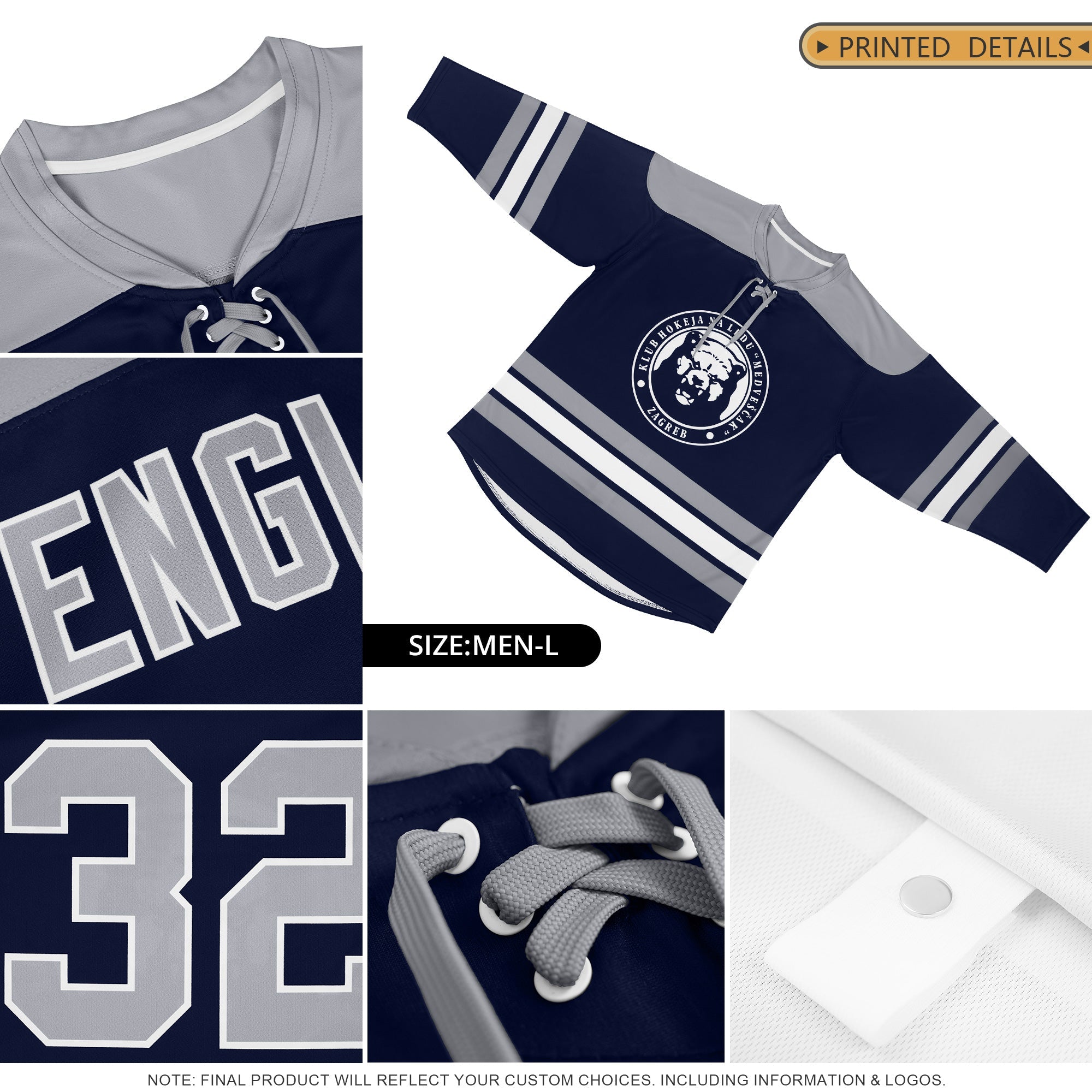 Custom Navy Gray White Personalized Classic Lace-Up Neck Hockey Jersey | KXKSHOP