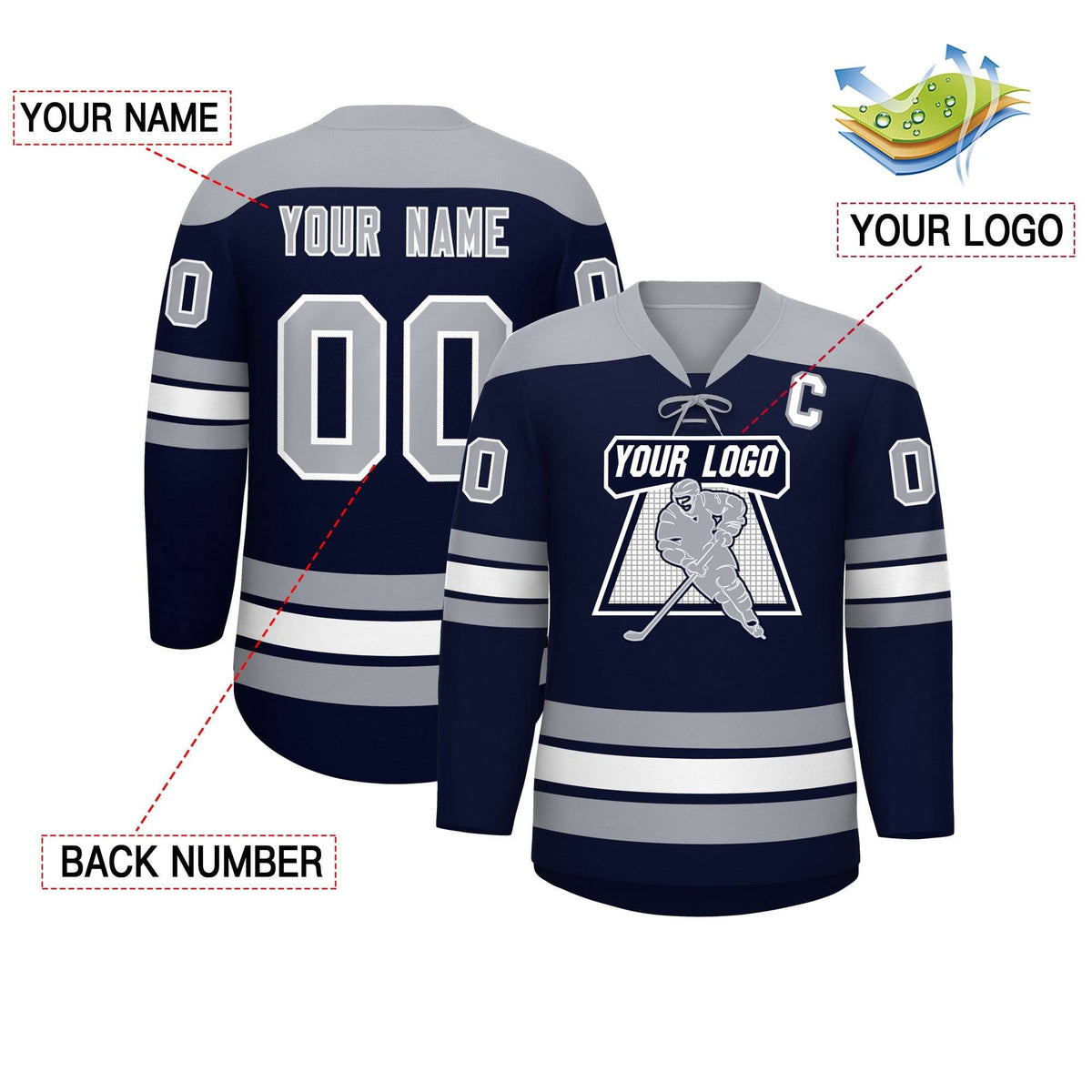 Custom Navy Gray White Personalized Classic Lace-Up Neck Hockey Jersey | KXKSHOP