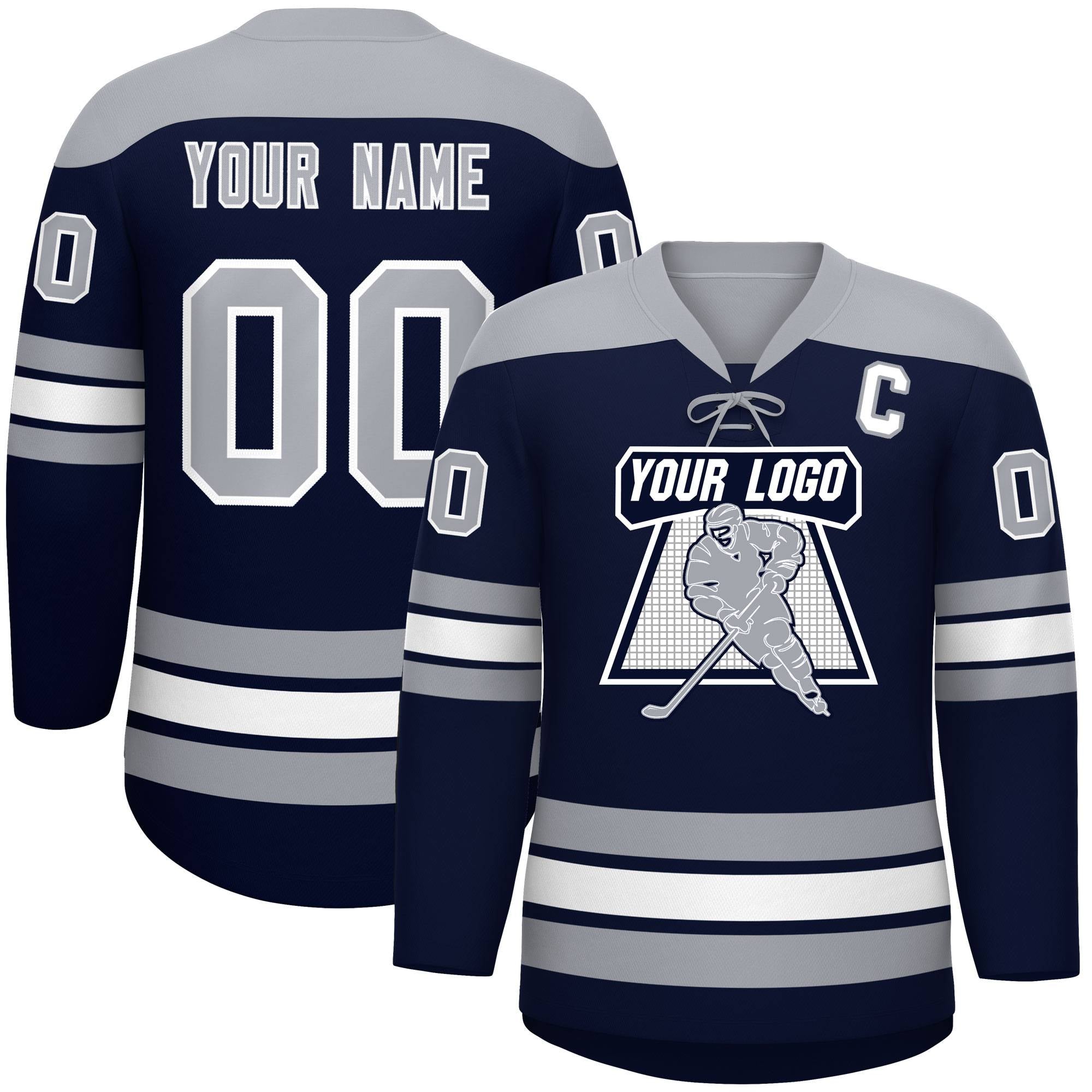 Custom Navy Gray White Personalized Classic Lace-Up Neck Hockey Jersey | KXKSHOP