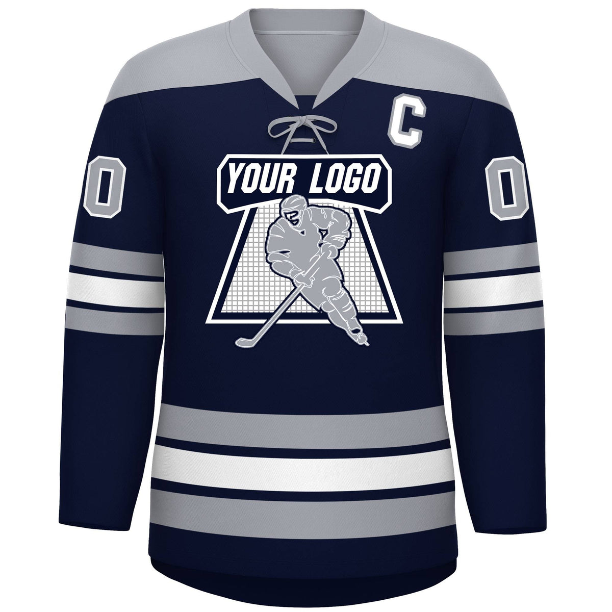 Custom Navy Gray White Personalized Classic Lace-Up Neck Hockey Jersey | KXKSHOP