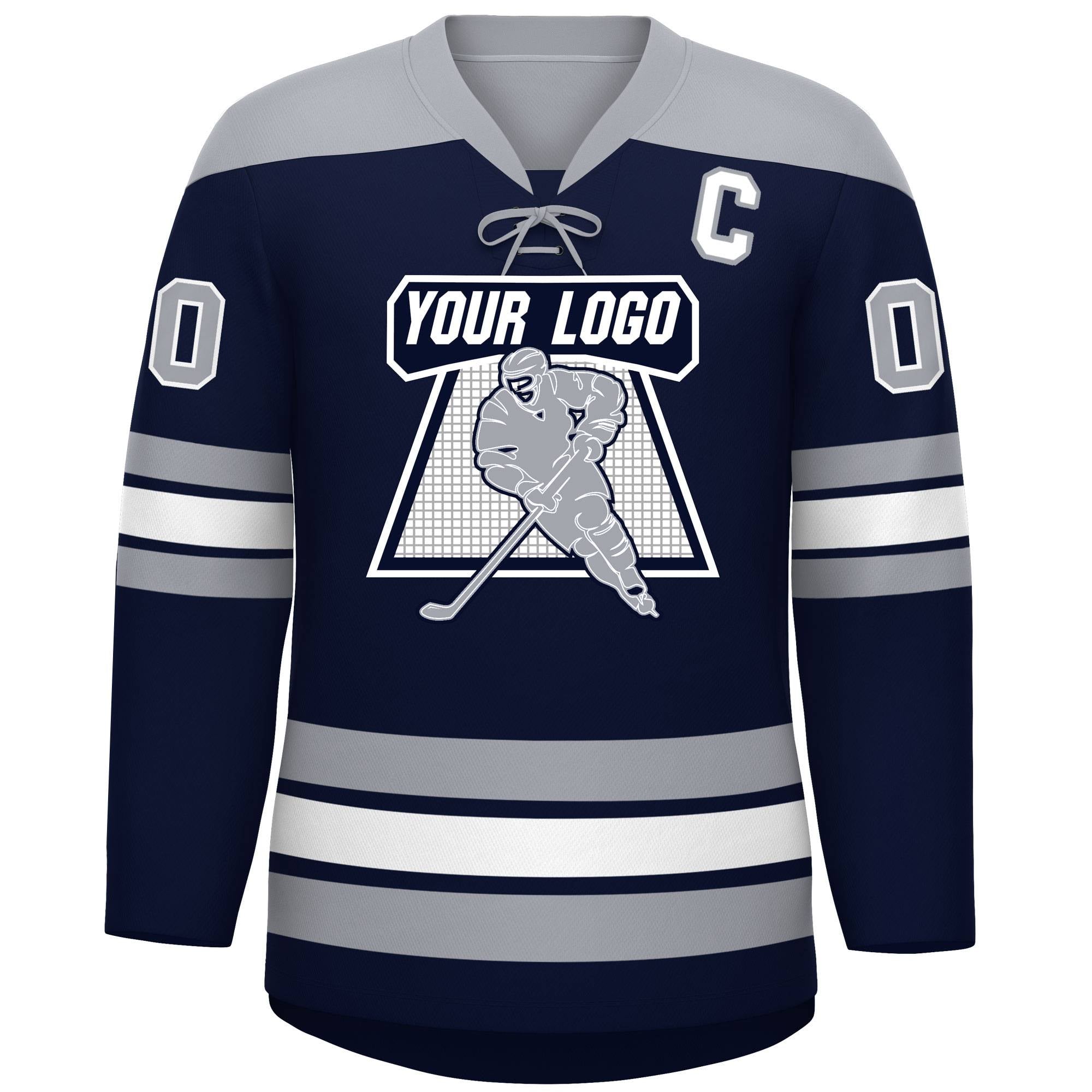 Custom Navy Gray White Personalized Classic Lace-Up Neck Hockey Jersey | KXKSHOP