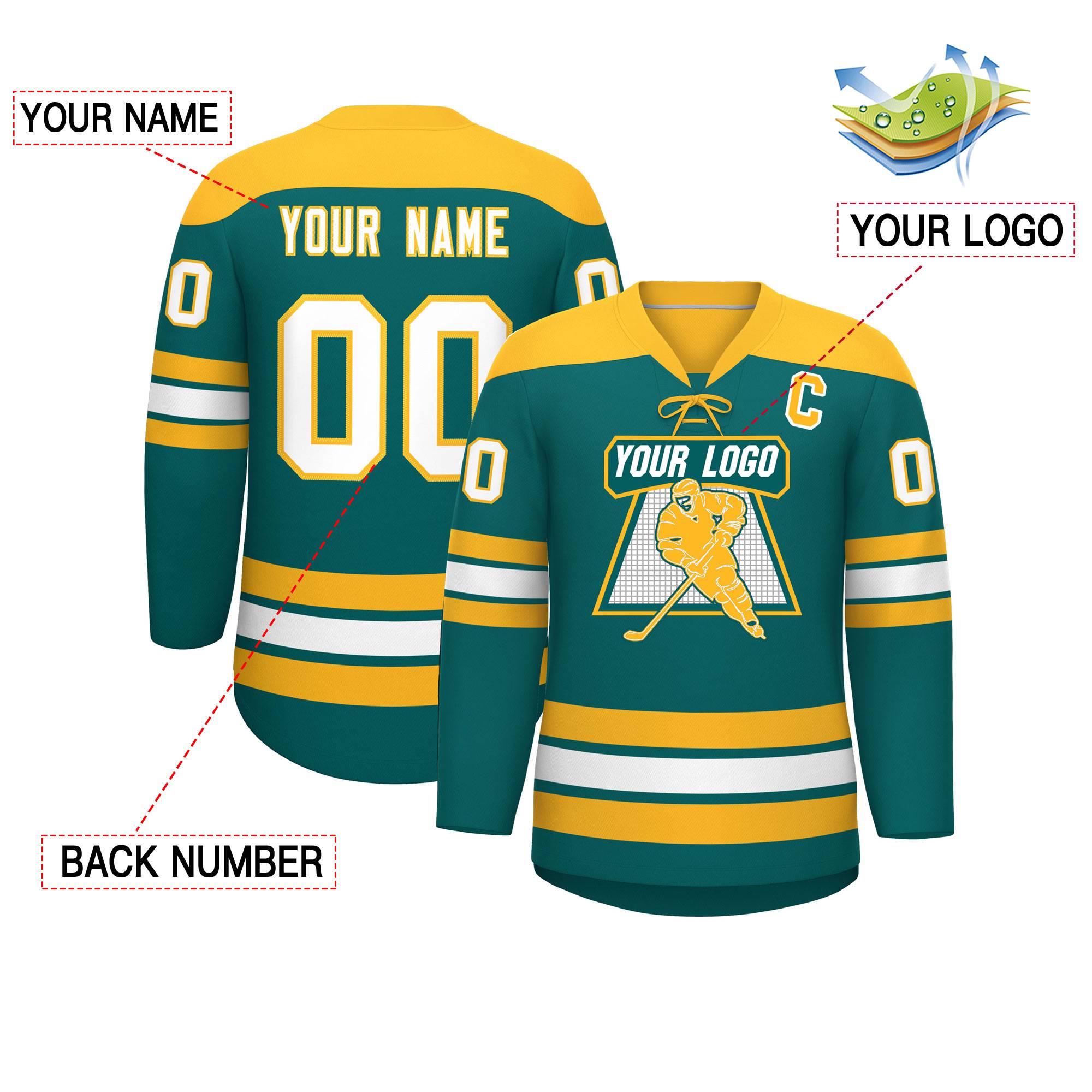 Custom Aqua Gold White Personalized Classic Lace-Up Neck Hockey Jersey | KXKSHOP