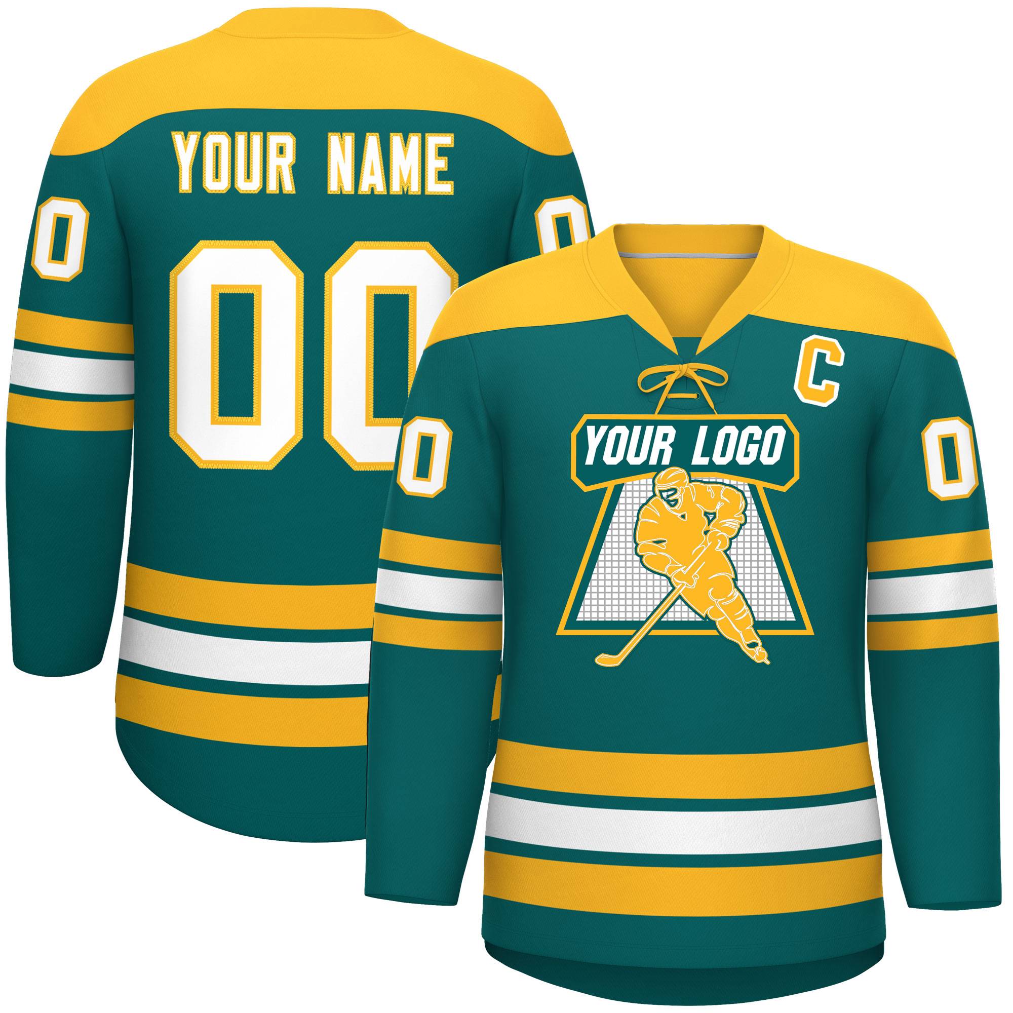 Custom Aqua Gold White Personalized Classic Lace-Up Neck Hockey Jersey | KXKSHOP