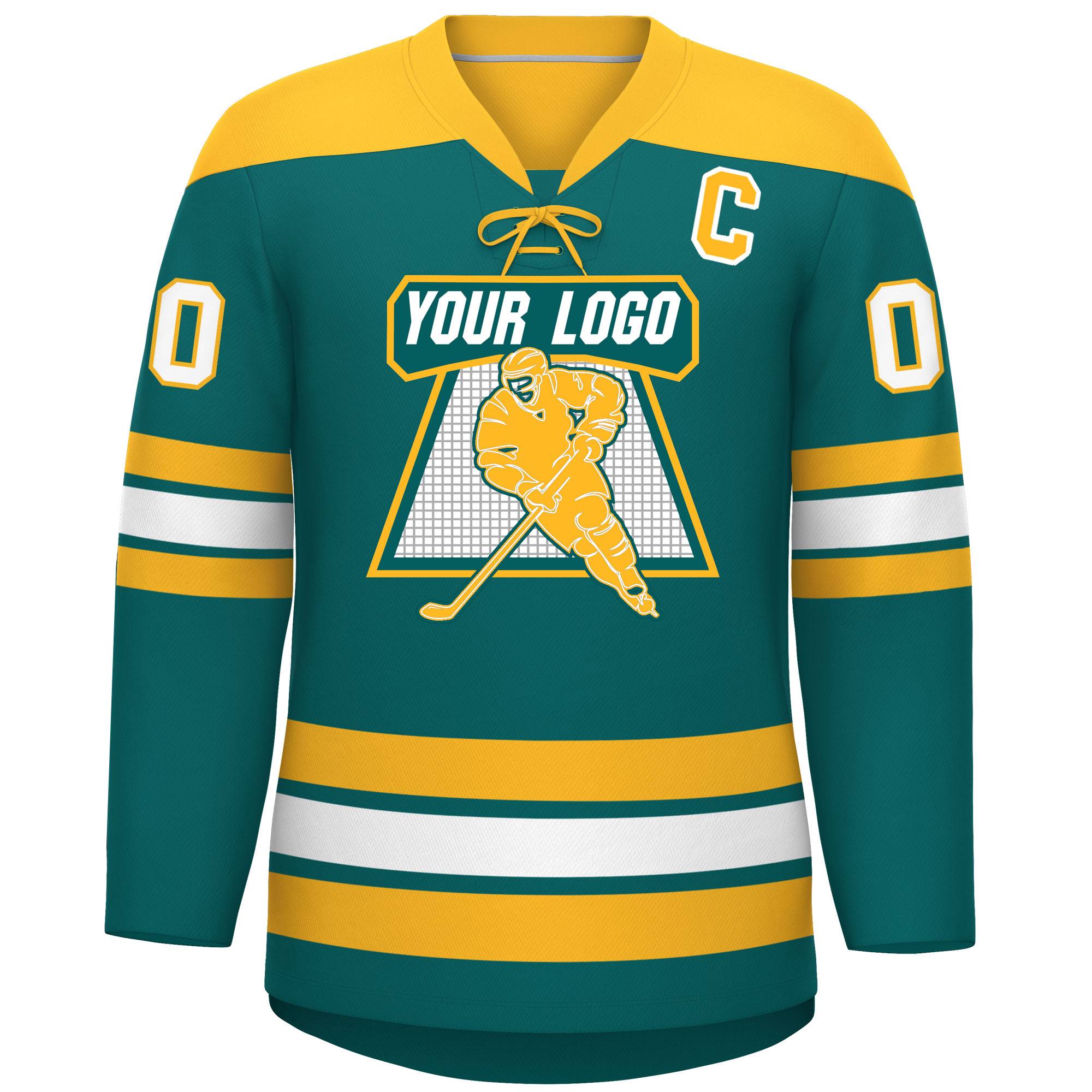 Custom Aqua Gold White Personalized Classic Lace-Up Neck Hockey Jersey | KXKSHOP