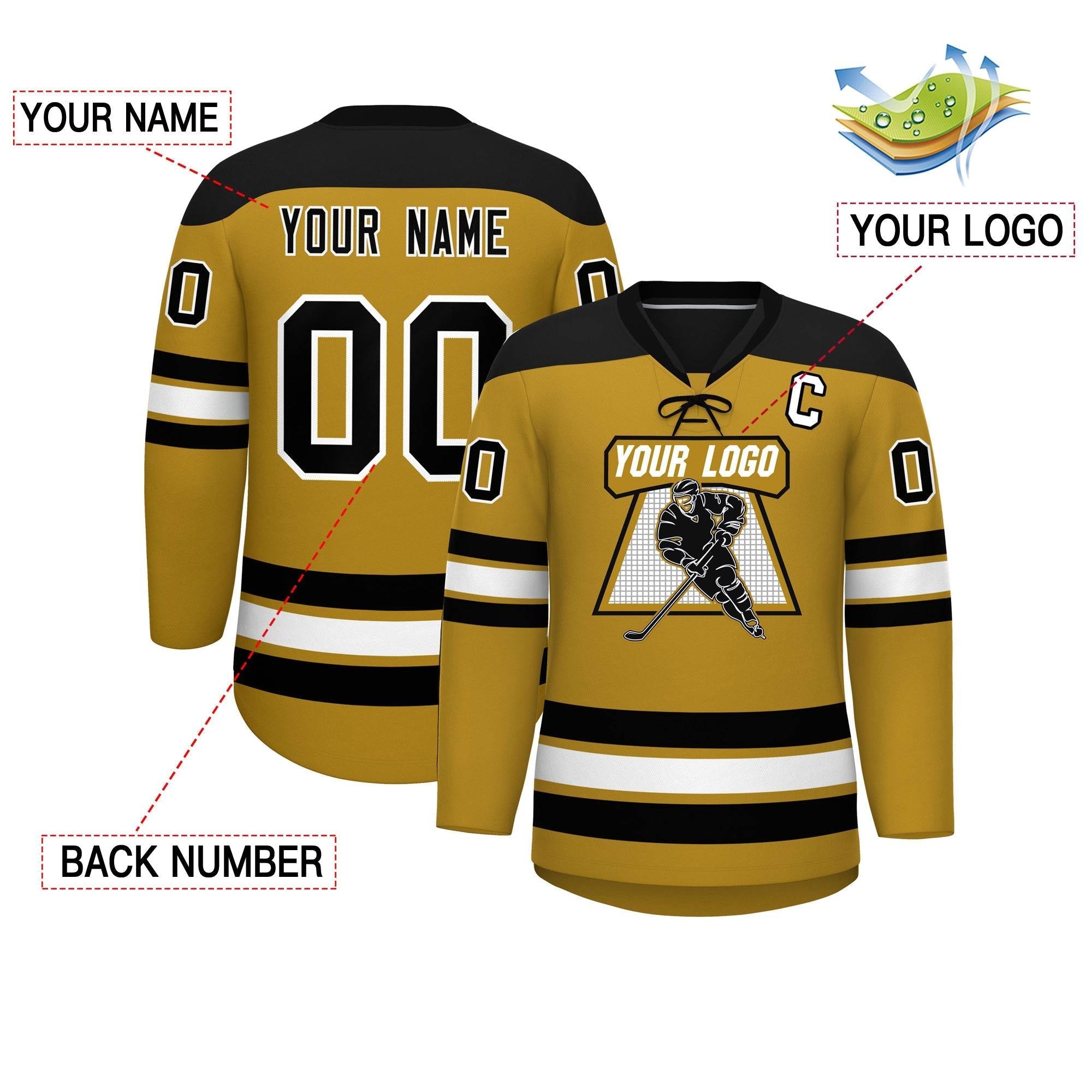 Custom Old Gold Black White Personalized Classic Lace-Up Neck Hockey Jersey | KXKSHOP