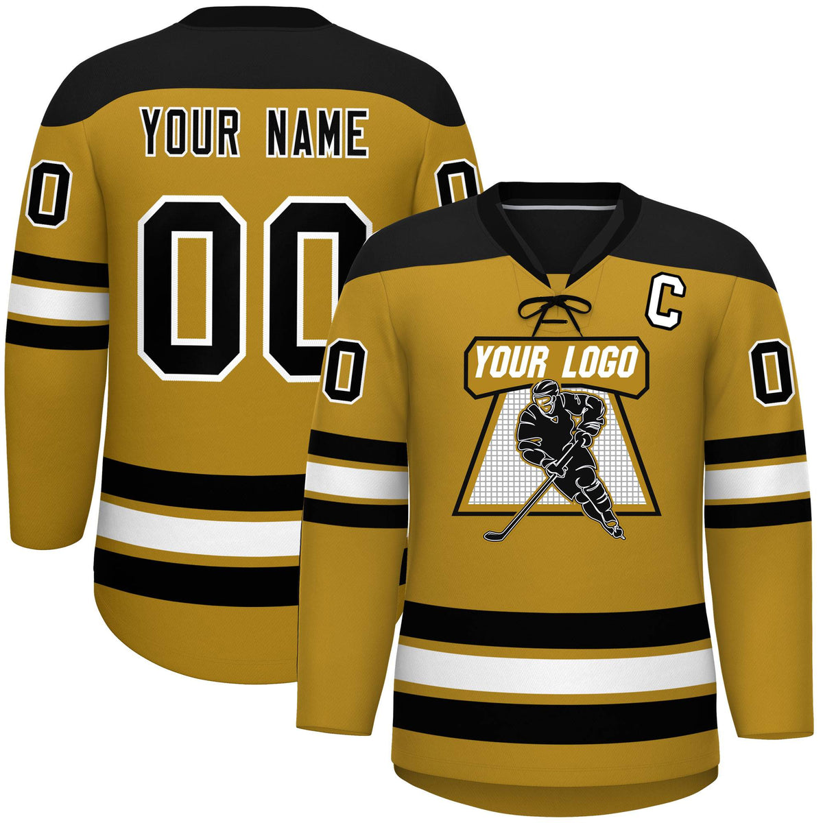 Custom Old Gold Black White Personalized Classic Lace-Up Neck Hockey Jersey | KXKSHOP