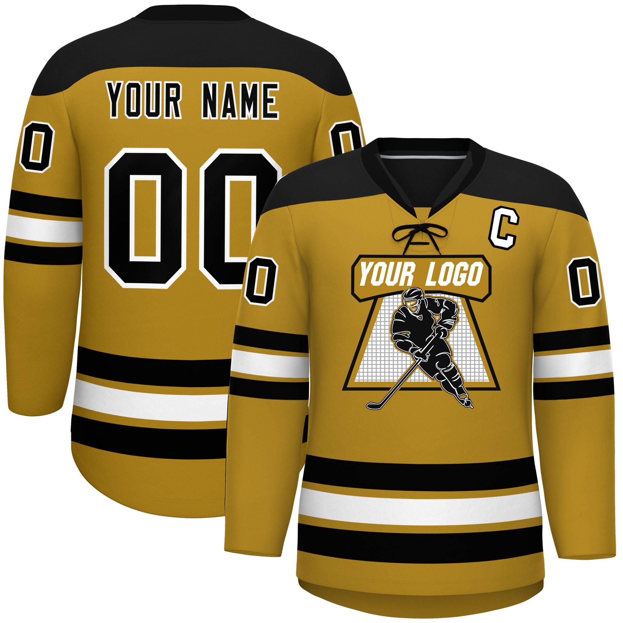 Custom Old Gold Black White Personalized Classic Lace-Up Neck Hockey Jersey | KXKSHOP
