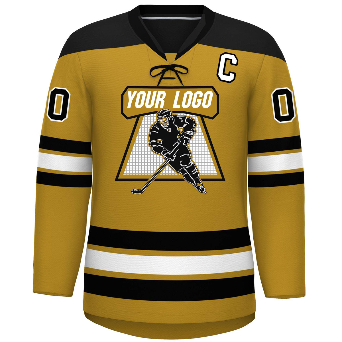 Custom Old Gold Black White Personalized Classic Lace-Up Neck Hockey Jersey | KXKSHOP