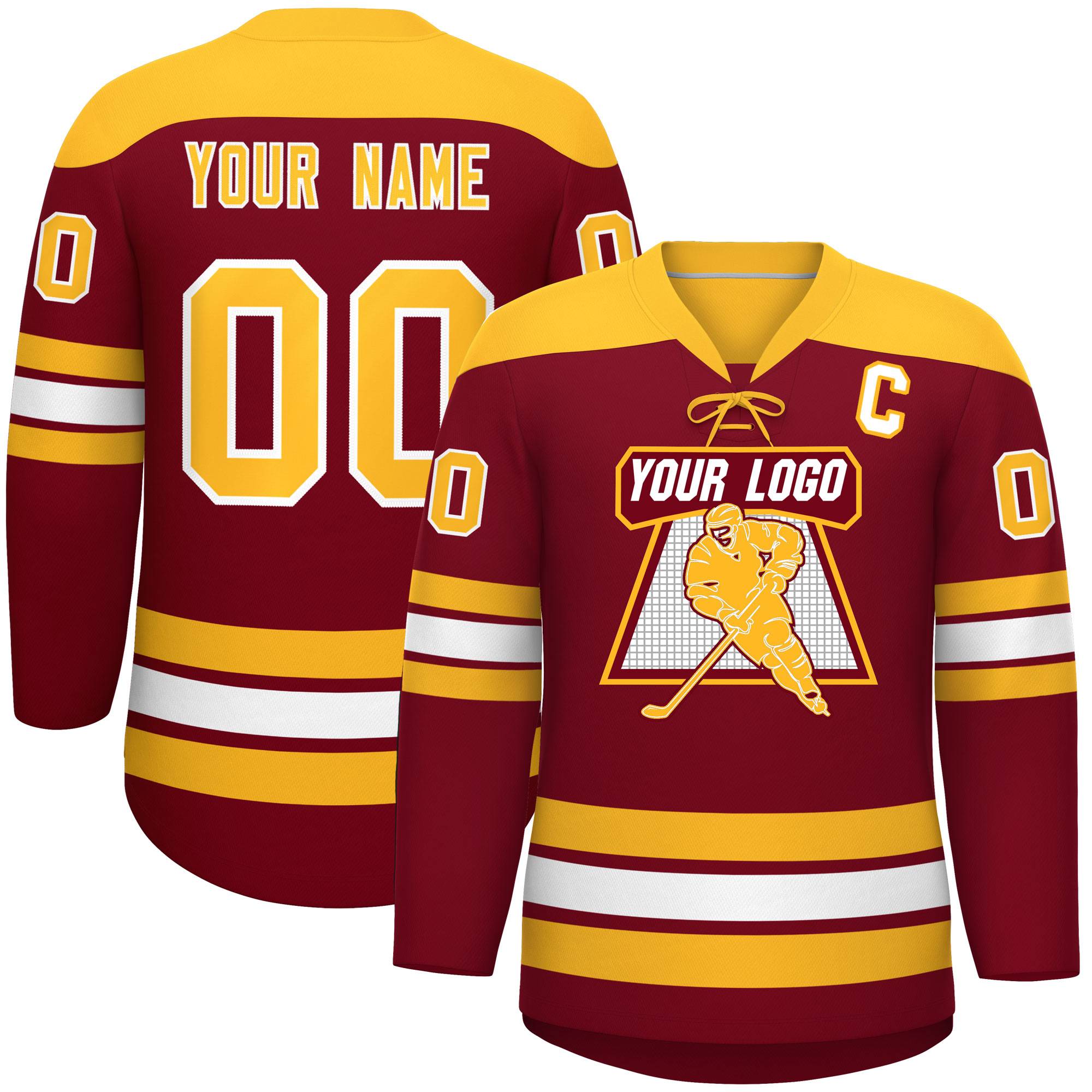 Custom Crimson Gold White Personalized Classic Lace-Up Neck Hockey Jersey | KXKSHOP