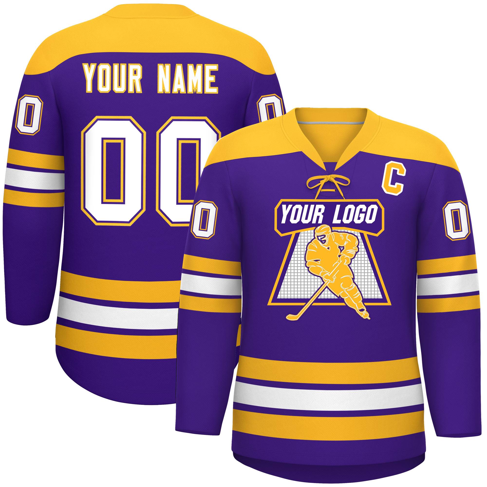 Custom Purple Gold White Personalized Classic Lace-Up Neck Hockey Jersey | KXKSHOP
