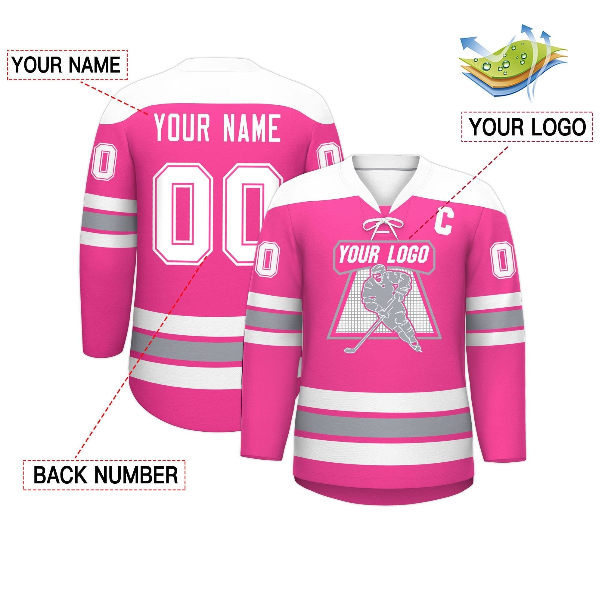Custom Pink White Gray Personalized Classic Lace-Up Neck Hockey Jersey | KXKSHOP