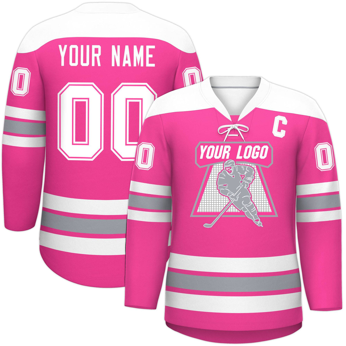 Custom Pink White Gray Personalized Classic Lace-Up Neck Hockey Jersey | KXKSHOP
