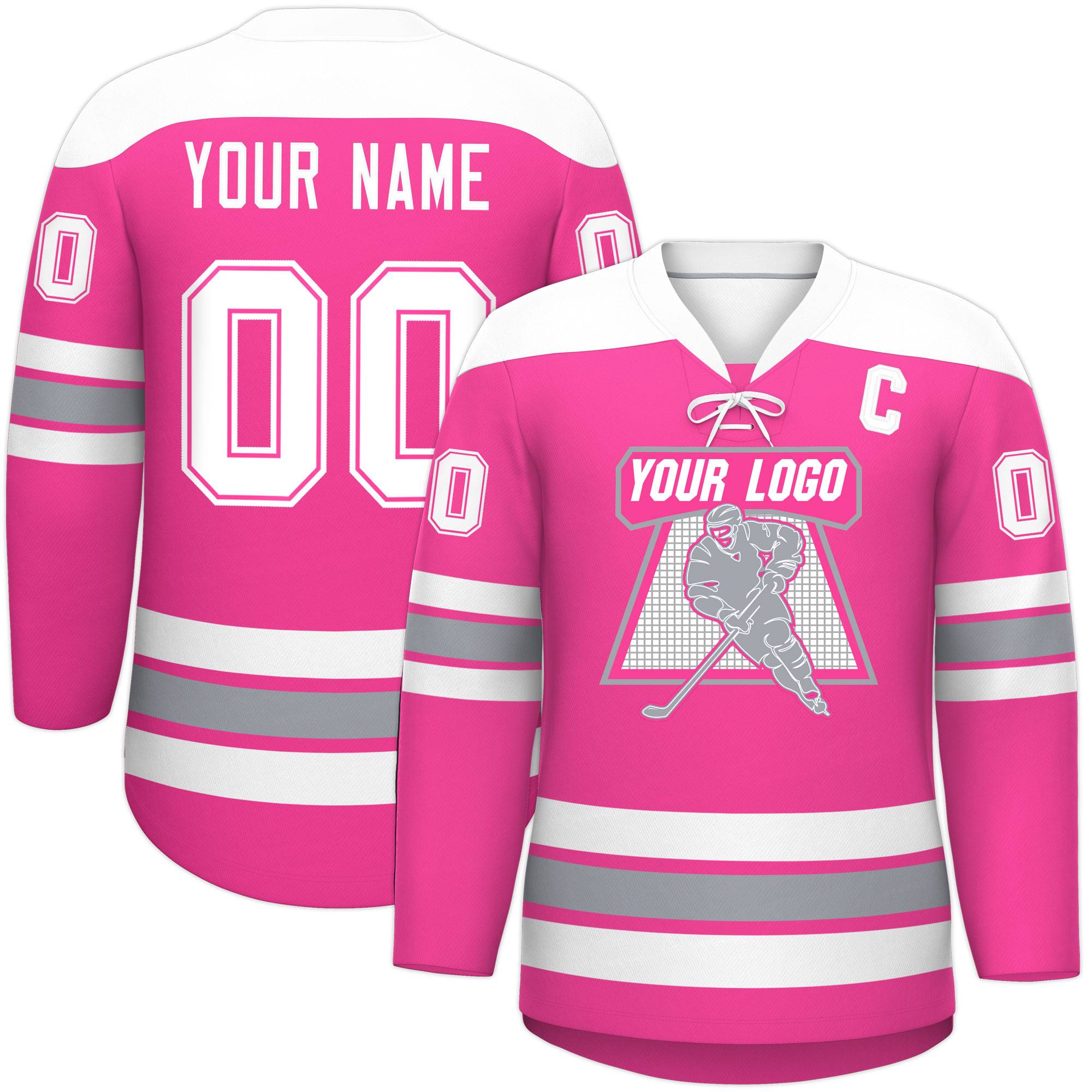 Custom Pink White Gray Personalized Classic Lace-Up Neck Hockey Jersey | KXKSHOP
