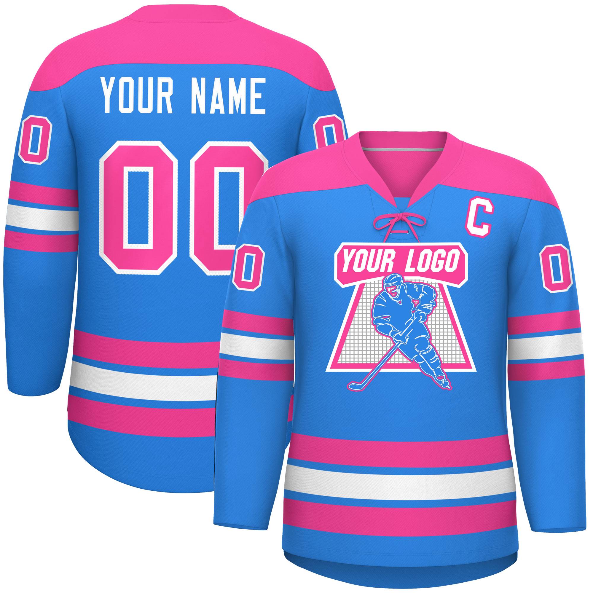 Custom Powder Blue Pink White Personalized Classic Lace-Up Neck Hockey Jersey | KXKSHOP