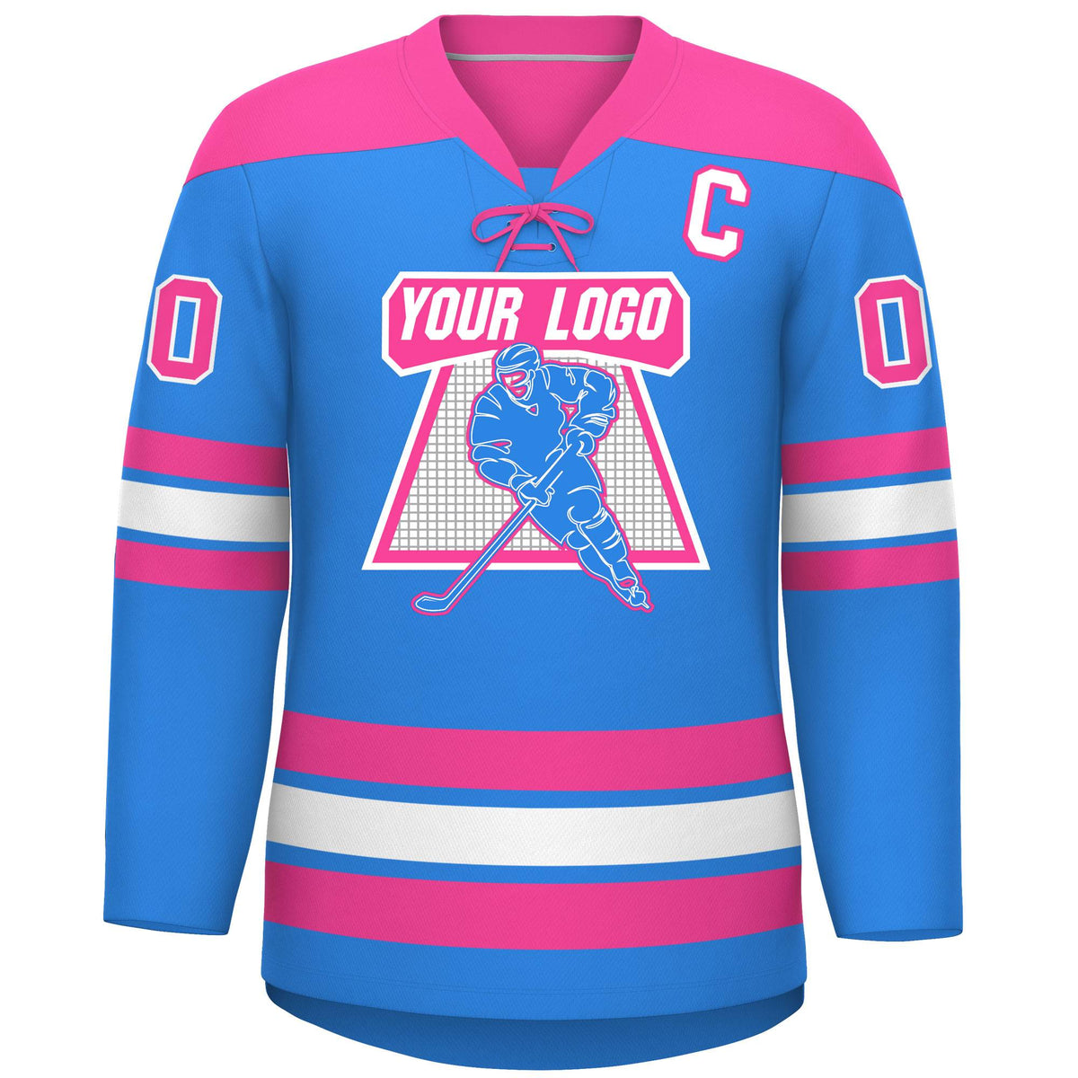 Custom Powder Blue Pink White Personalized Classic Lace-Up Neck Hockey Jersey | KXKSHOP