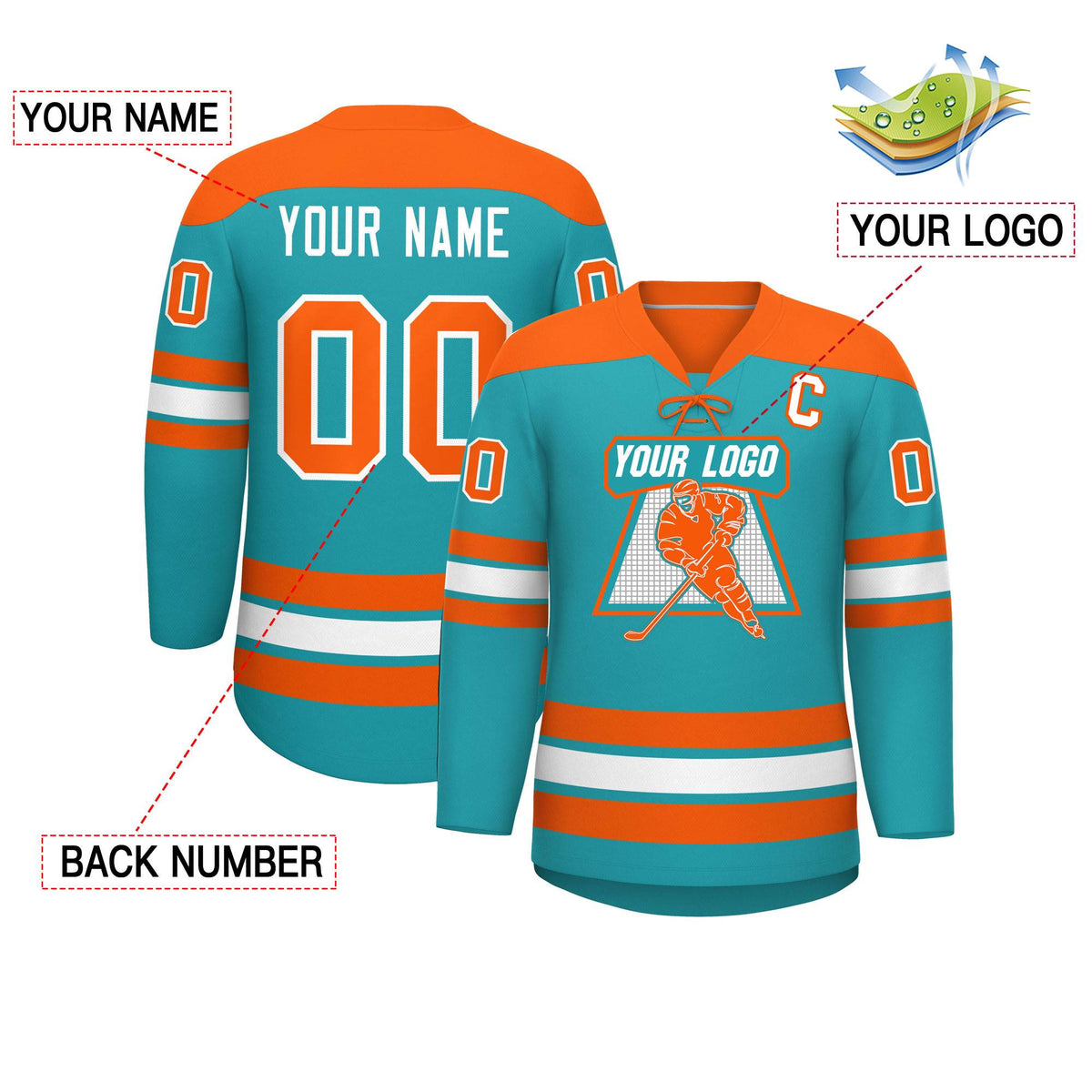 Custom Aqua Orange White Personalized Classic Lace-Up Neck Hockey Jersey | KXKSHOP