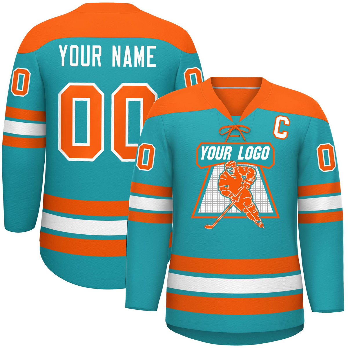 Custom Aqua Orange White Personalized Classic Lace-Up Neck Hockey Jersey | KXKSHOP