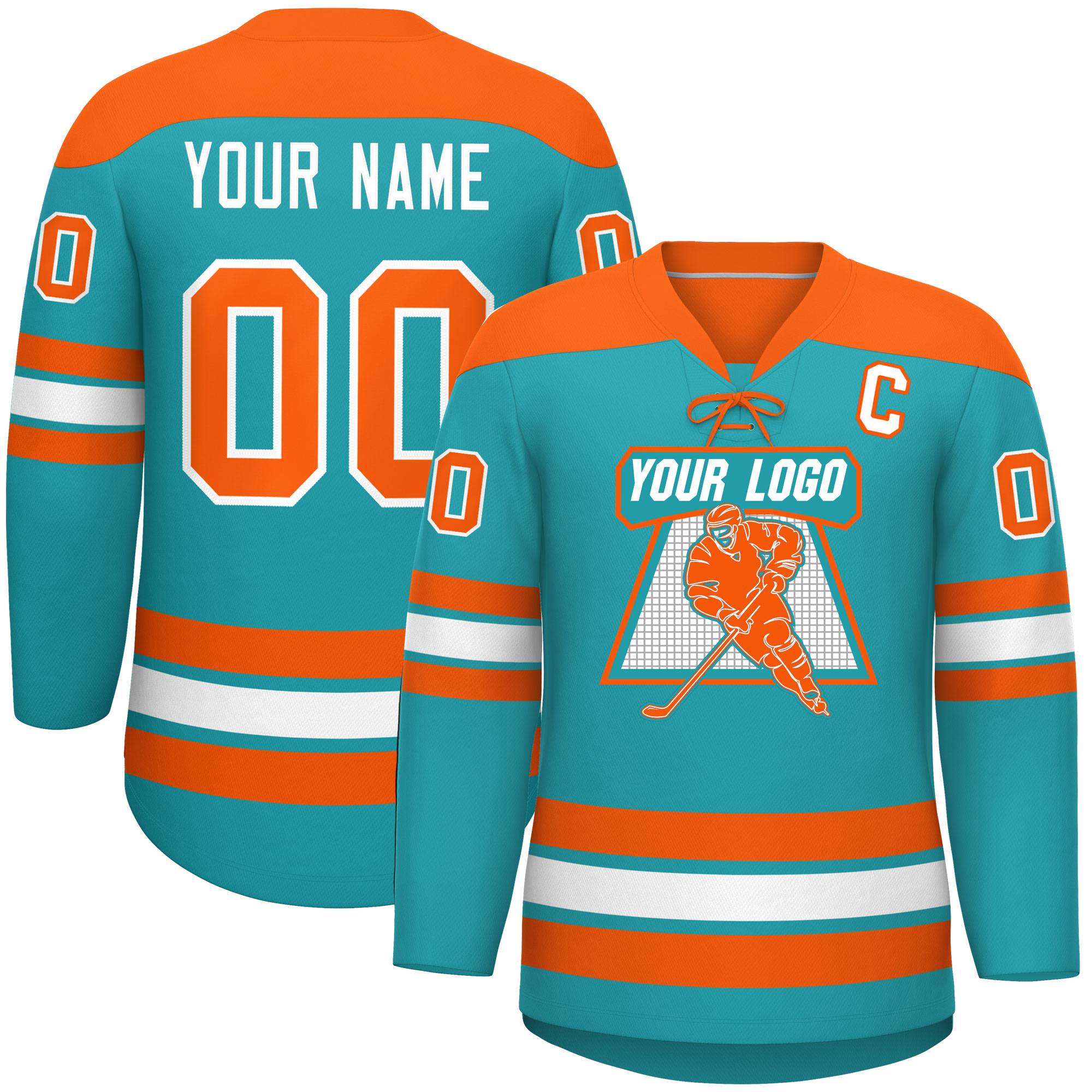 Custom Aqua Orange White Personalized Classic Lace-Up Neck Hockey Jersey | KXKSHOP