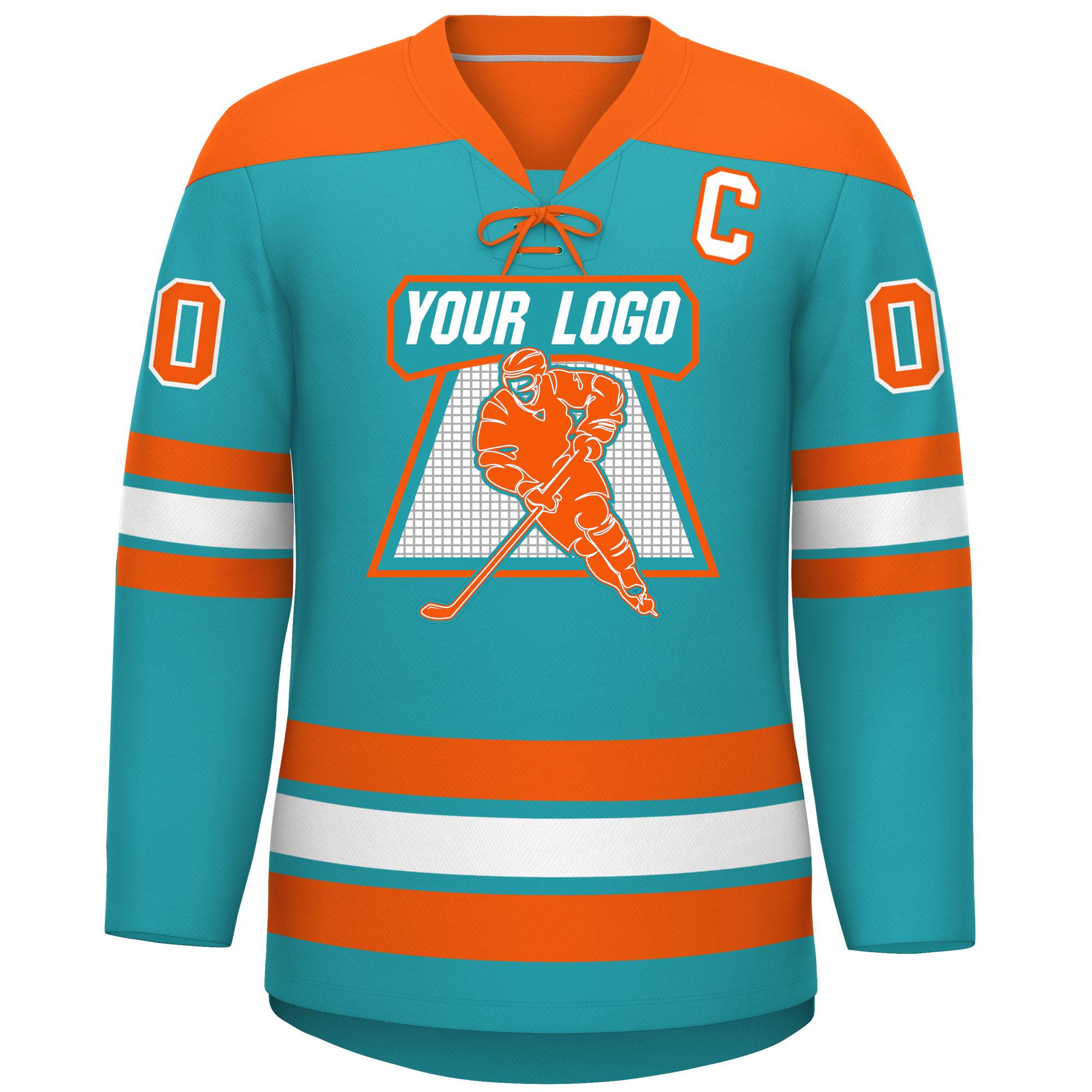 Custom Aqua Orange White Personalized Classic Lace-Up Neck Hockey Jersey | KXKSHOP