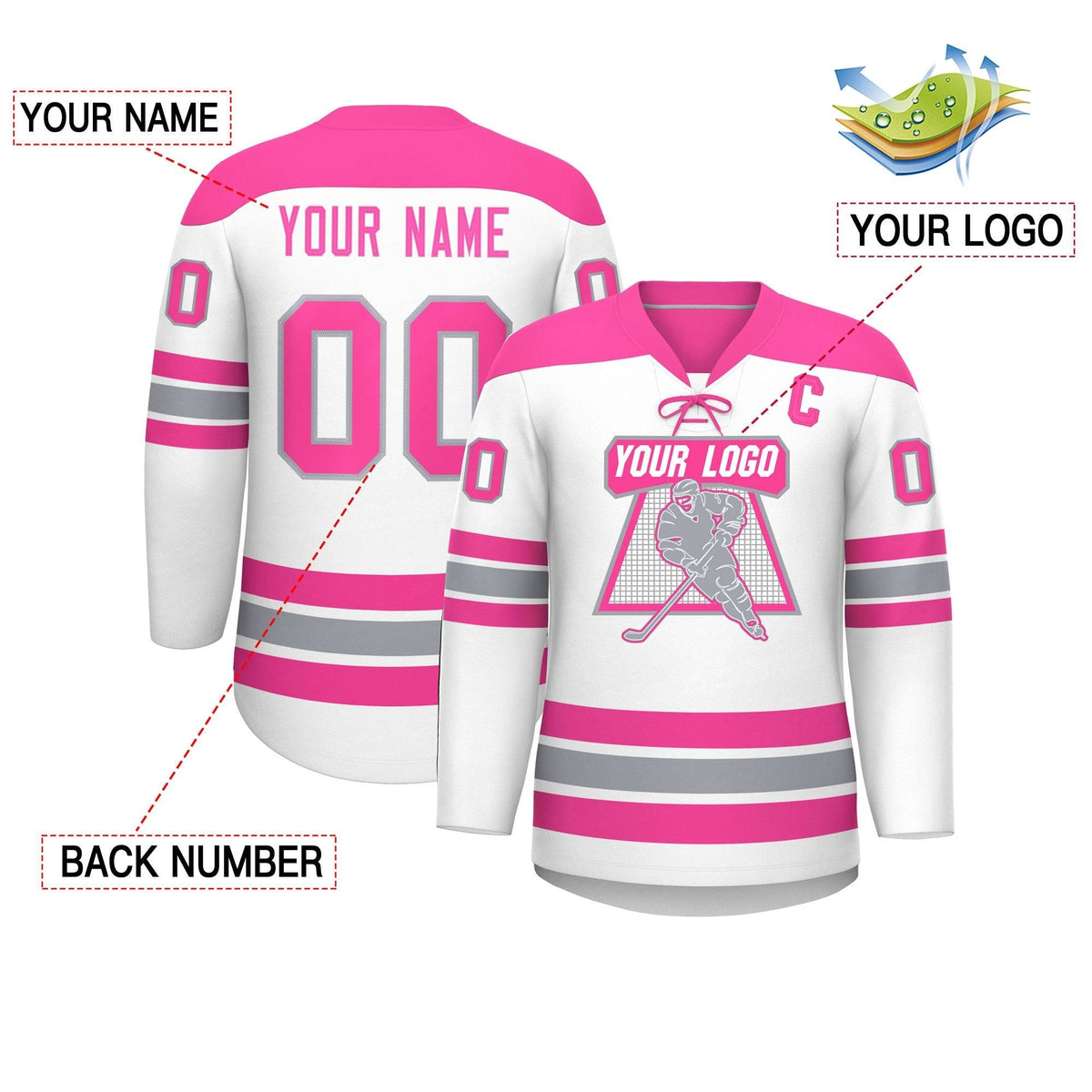 Custom White Pink Gray Personalized Classic Lace-Up Neck Hockey Jersey | KXKSHOP