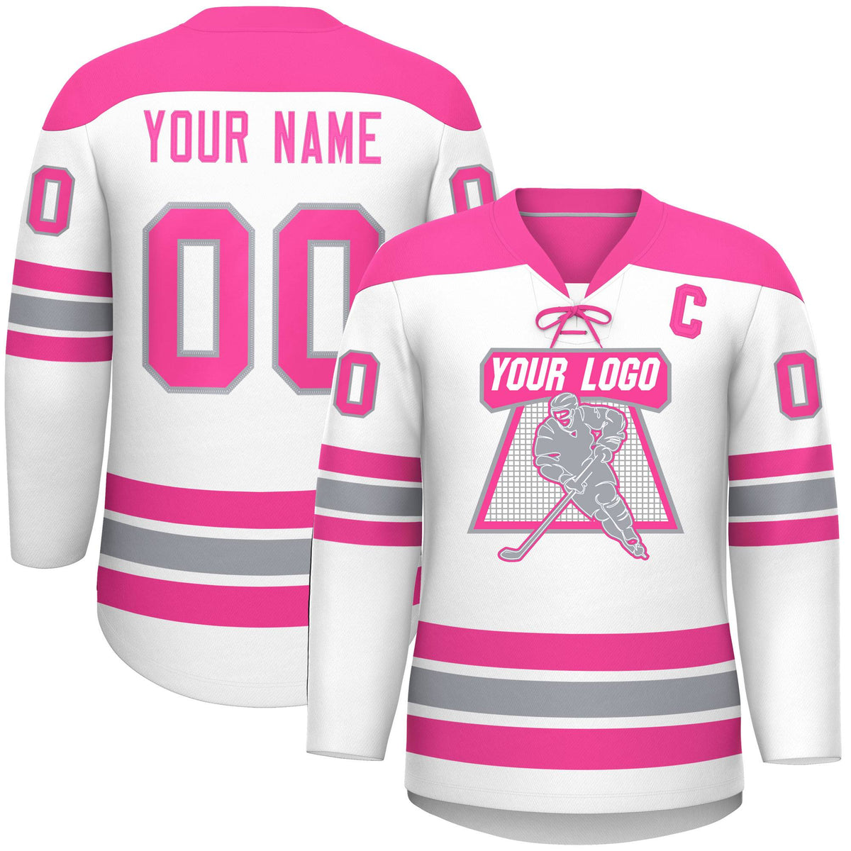 Custom White Pink Gray Personalized Classic Lace-Up Neck Hockey Jersey | KXKSHOP