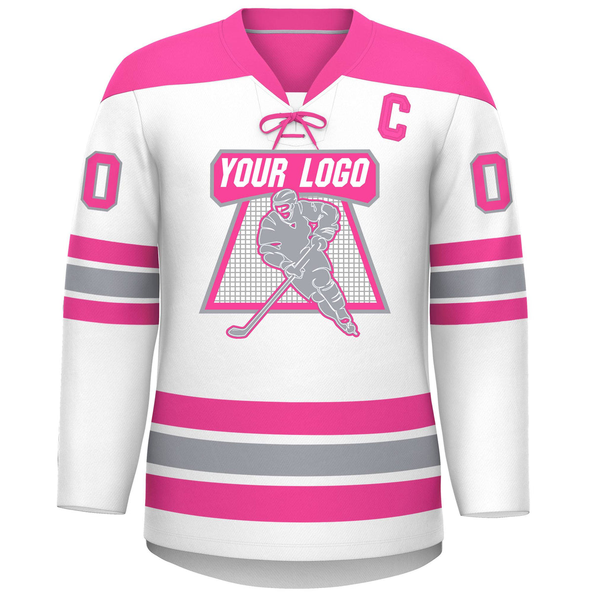Custom White Pink Gray Personalized Classic Lace-Up Neck Hockey Jersey | KXKSHOP