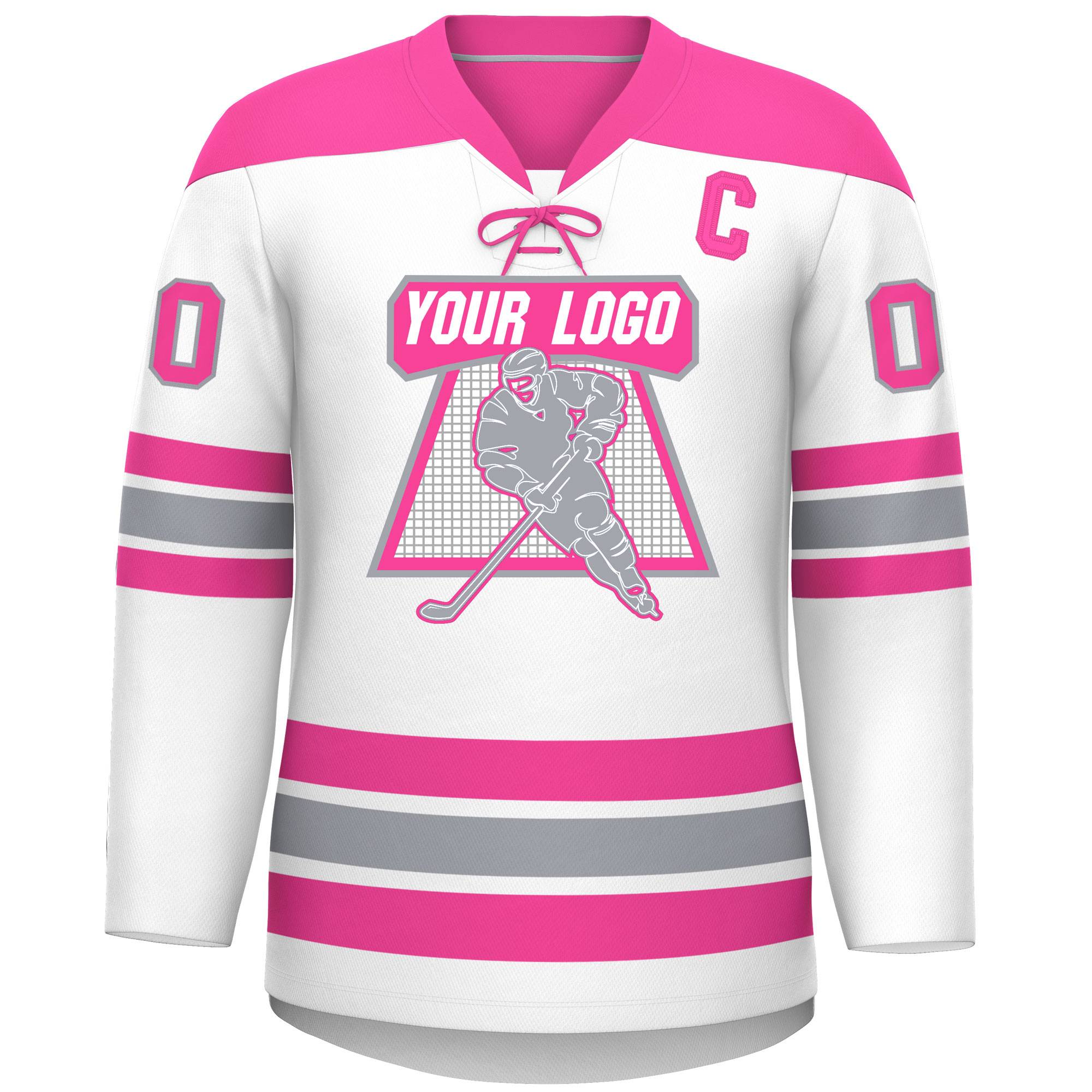 Custom White Pink Gray Personalized Classic Lace-Up Neck Hockey Jersey | KXKSHOP